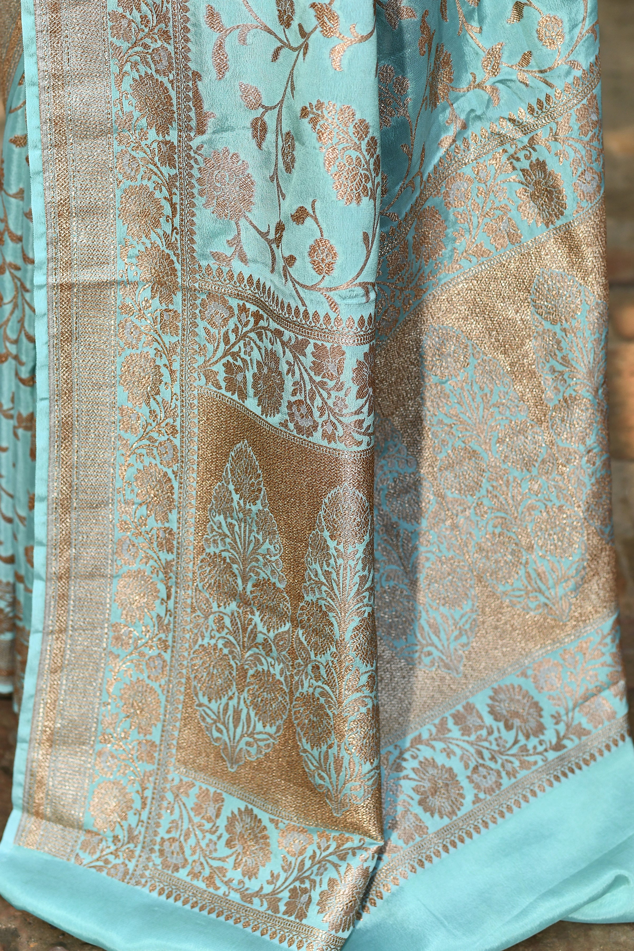 Aqua Banarasi Crape Chiffon Silk Saree