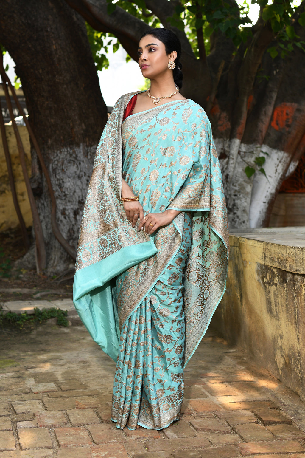 Aqua Banarasi Crape Chiffon Silk Saree