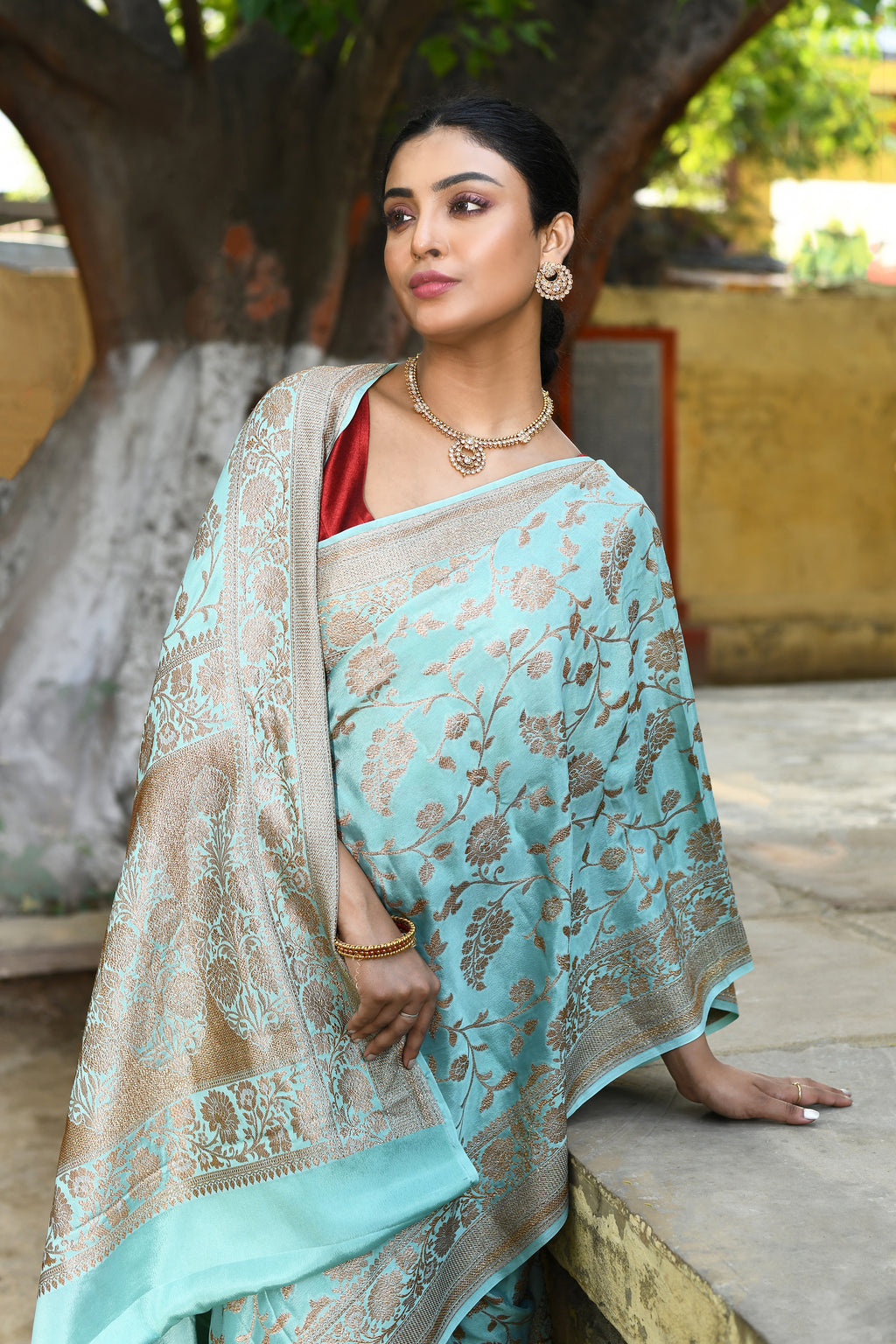 Aqua Banarasi Crape Chiffon Silk Saree