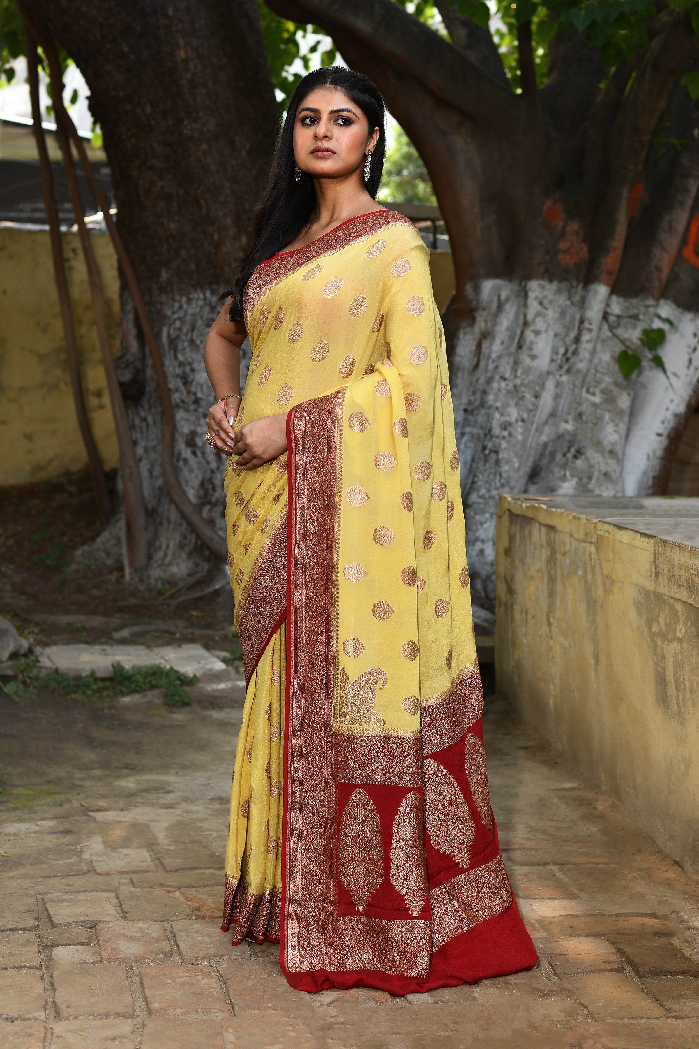 Pale Yellow Banarasi Crape Chiffon Silk Saree