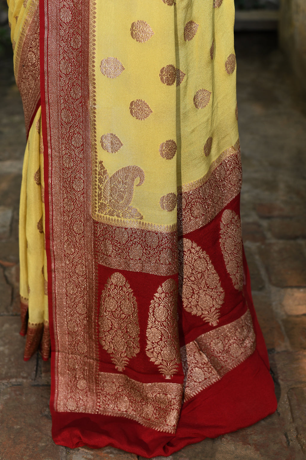 Pale Yellow Banarasi Crape Chiffon Silk Saree
