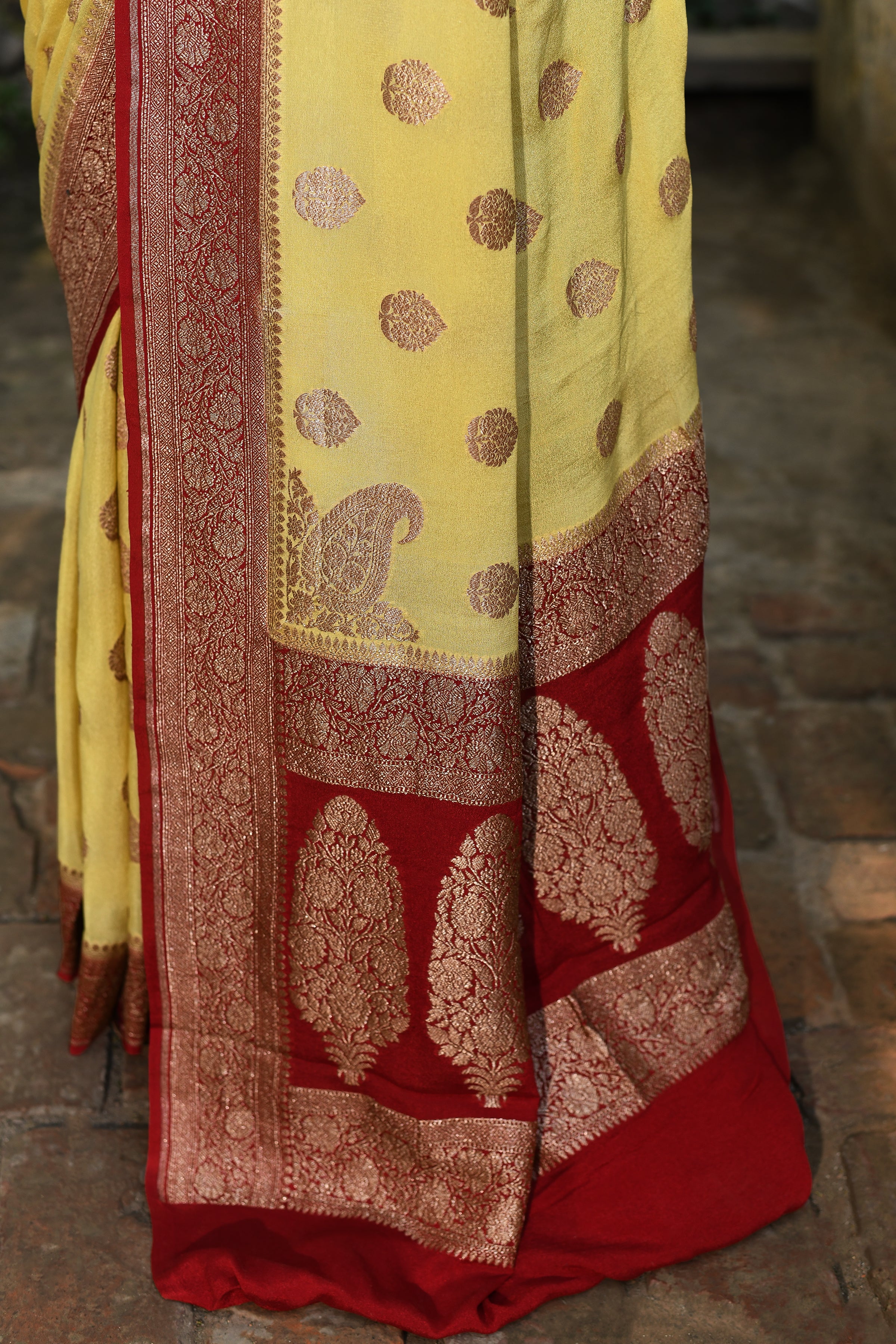 Pale Yellow Banarasi Crape Chiffon Silk Saree
