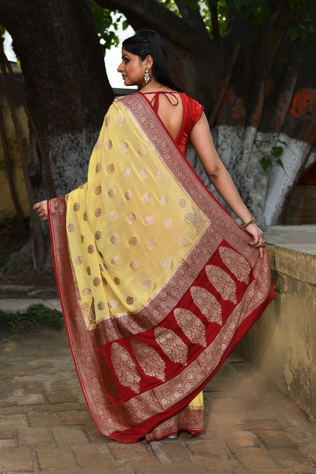 Pale Yellow Banarasi Crape Chiffon Silk Saree