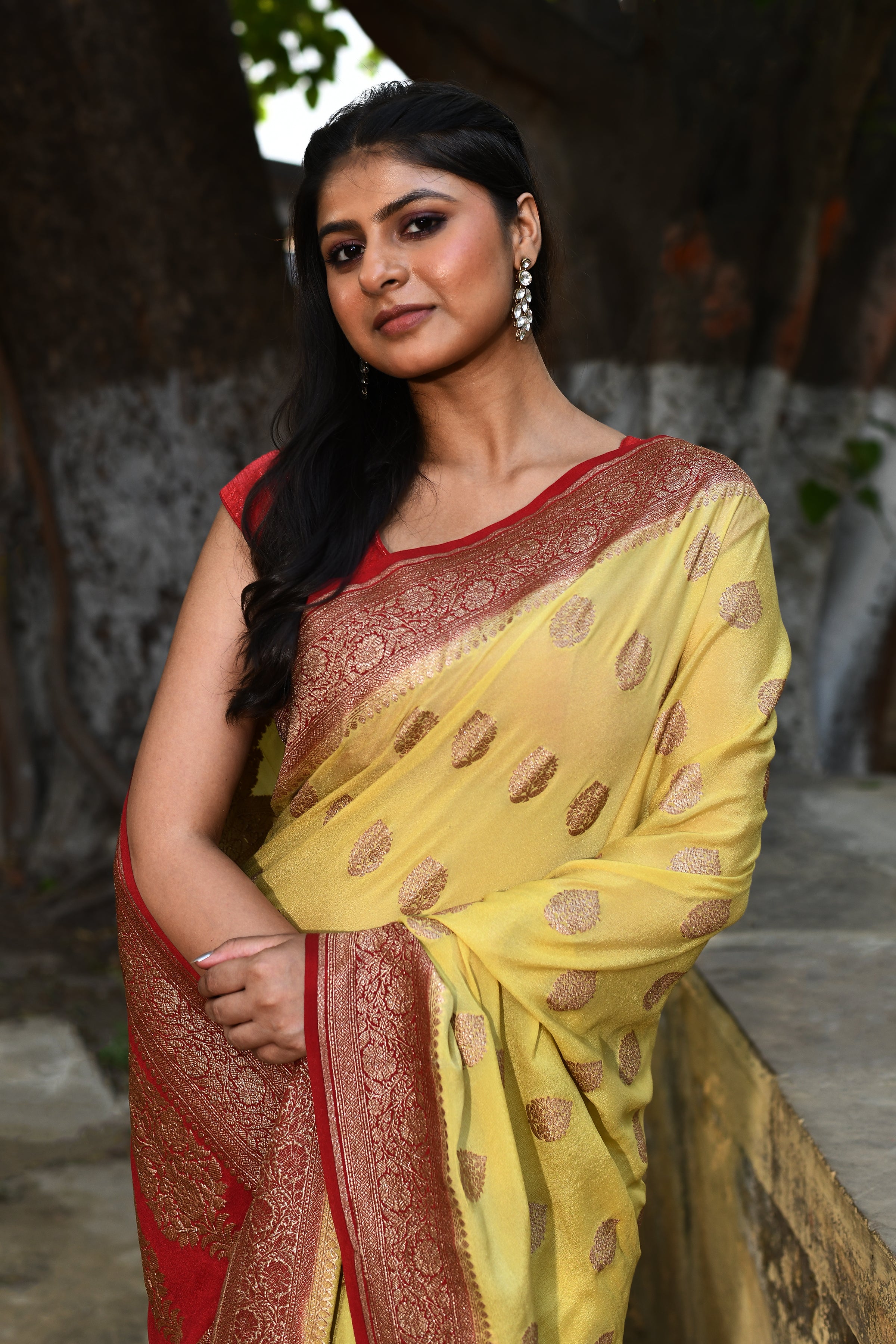 Pale Yellow Banarasi Crape Chiffon Silk Saree