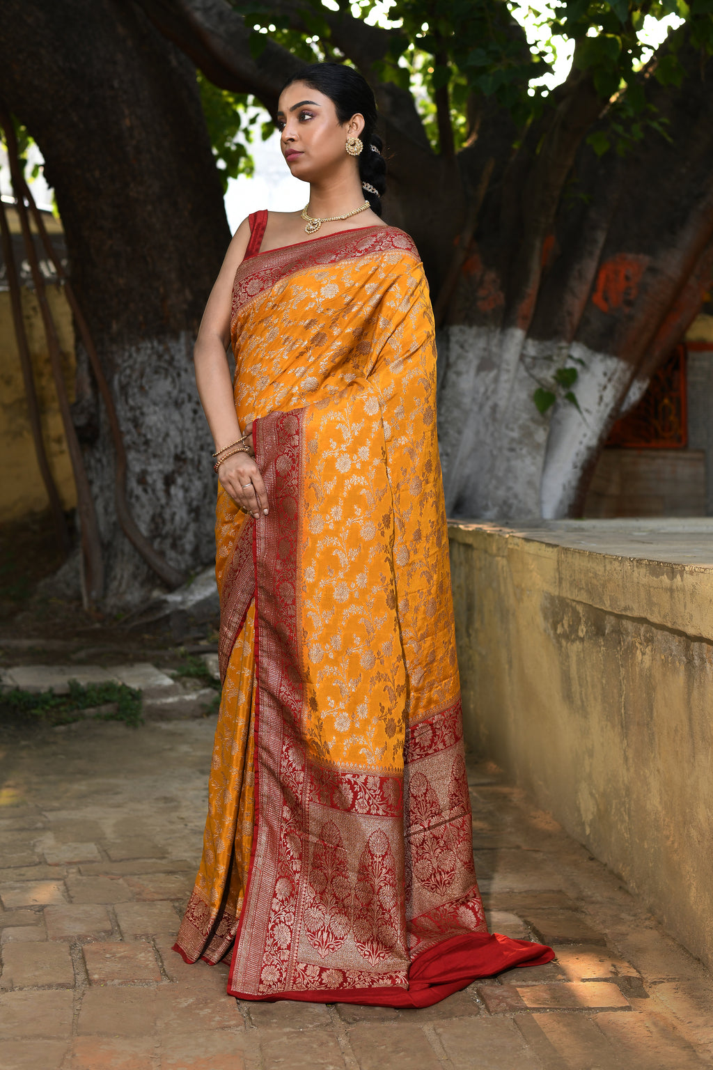 Mustard Yellow Banarasi Crape Chiffon Silk Saree