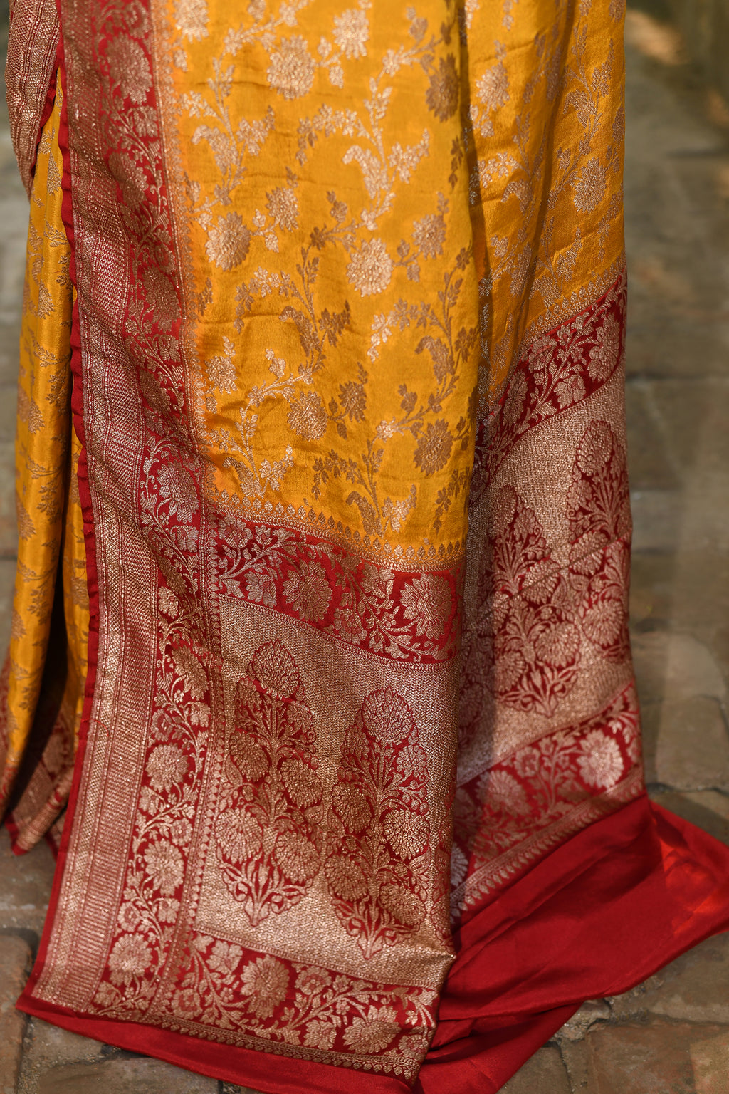 Mustard Yellow Banarasi Crape Chiffon Silk Saree