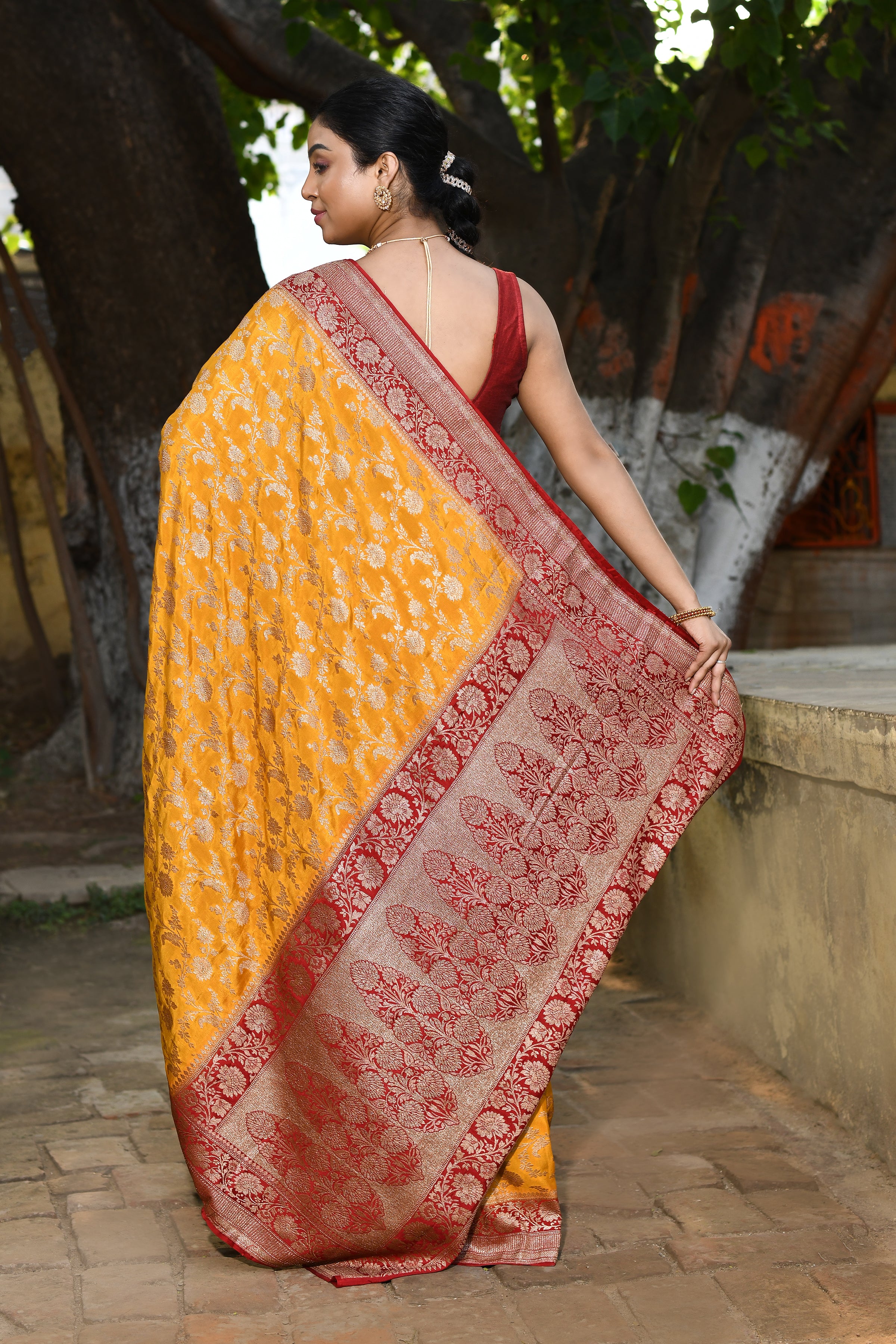 Mustard Yellow Banarasi Crape Chiffon Silk Saree