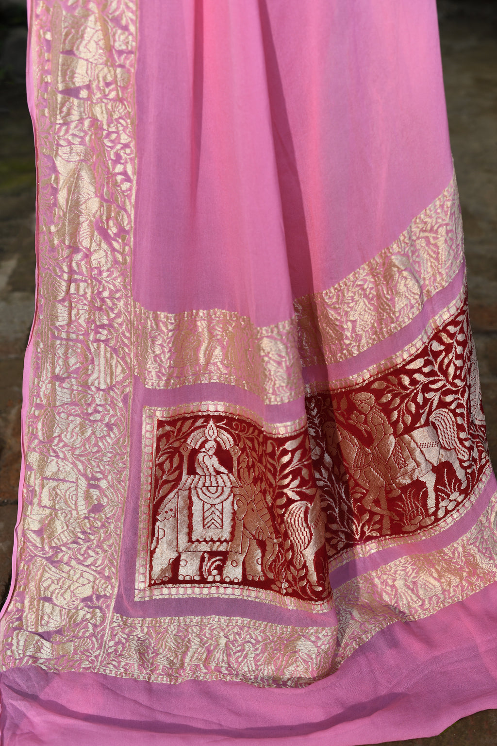 Baby Pink Banarasi Crape Chiffon Silk Saree
