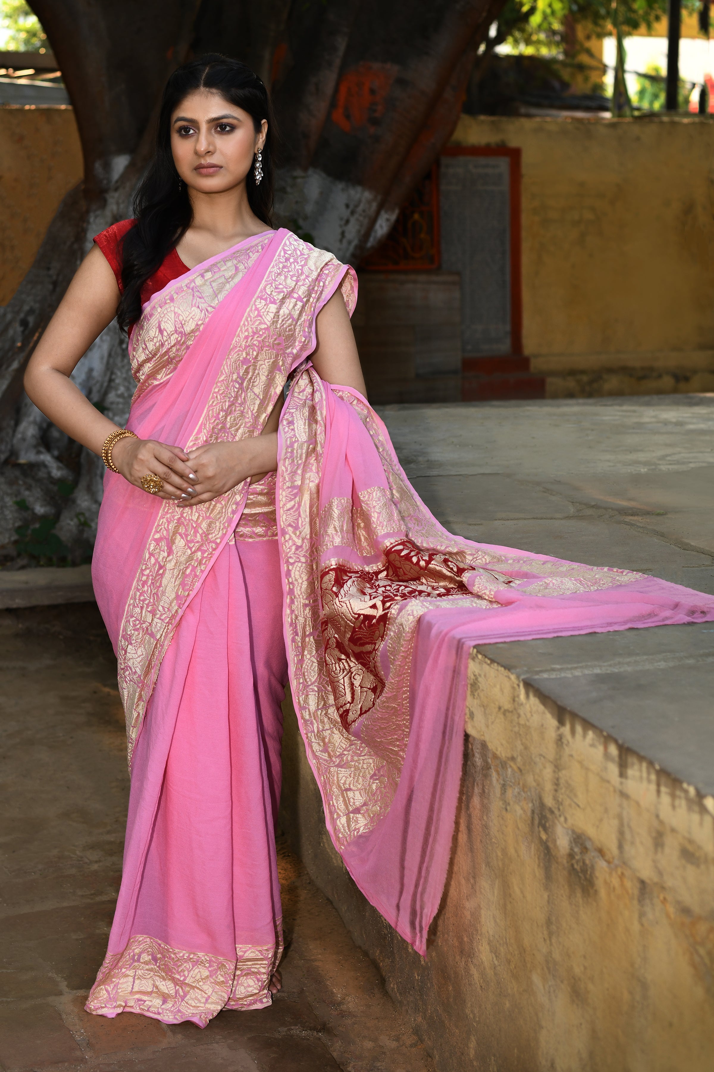 Baby Pink Banarasi Crape Chiffon Silk Saree
