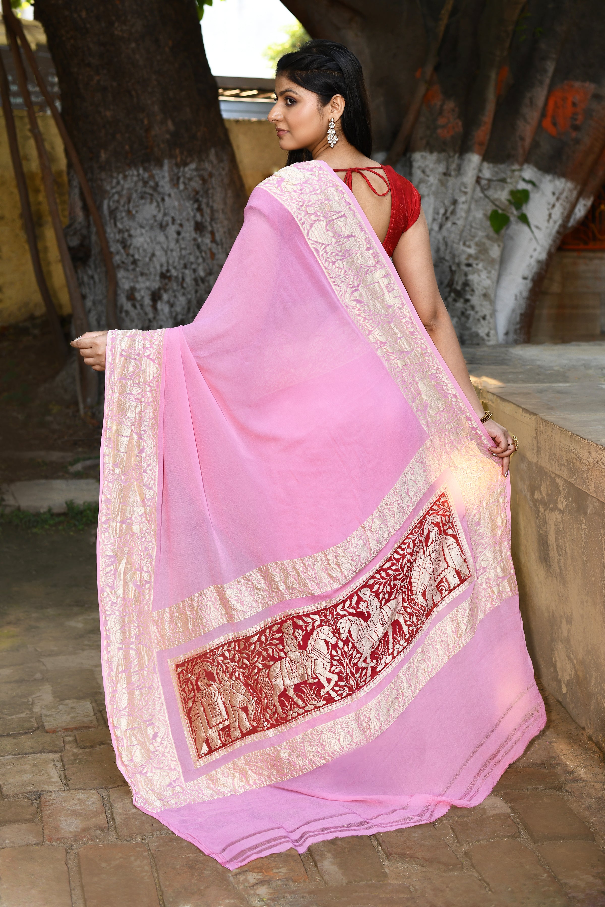 Baby Pink Banarasi Crape Chiffon Silk Saree