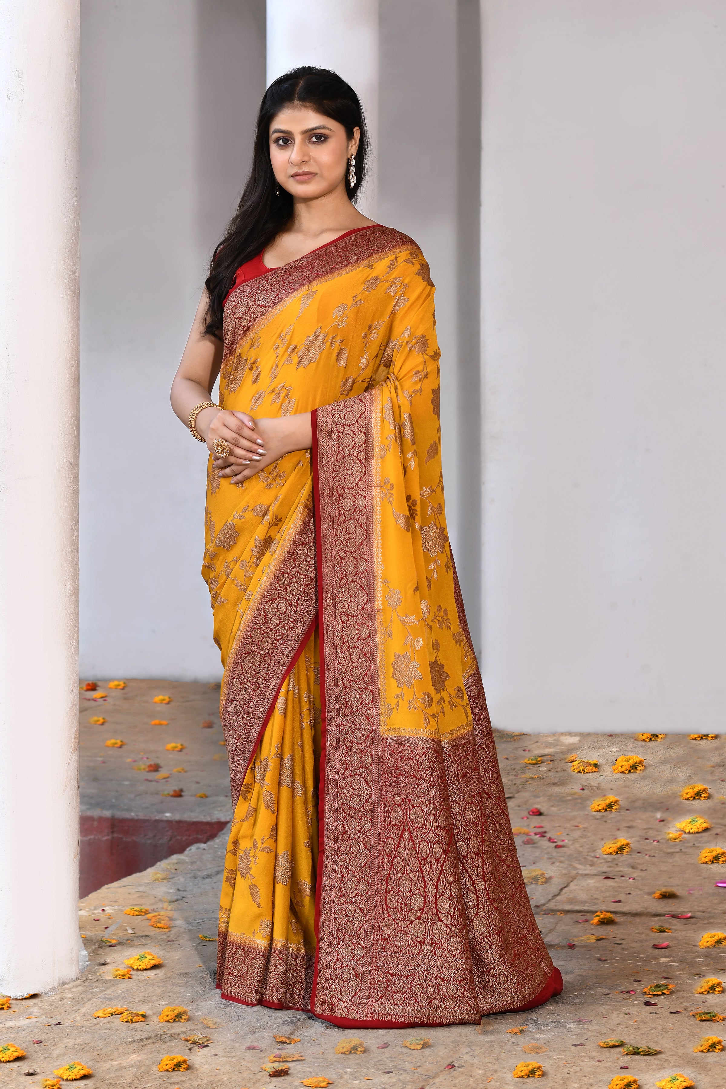Yellow Banarasi Crape Chiffon Silk Saree