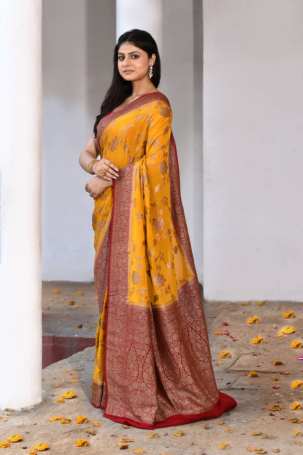Yellow Banarasi Crape Chiffon Silk Saree