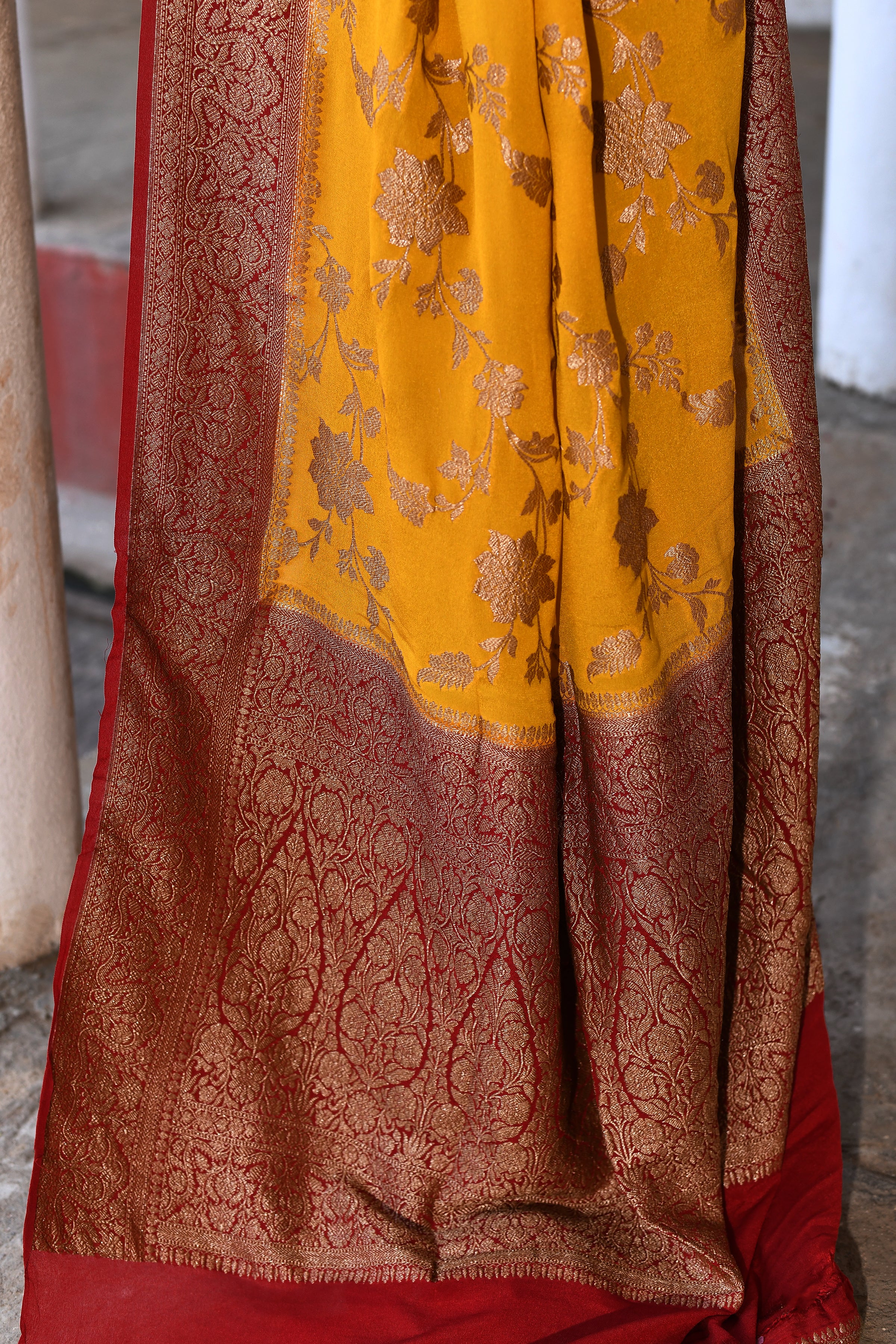 Yellow Banarasi Crape Chiffon Silk Saree