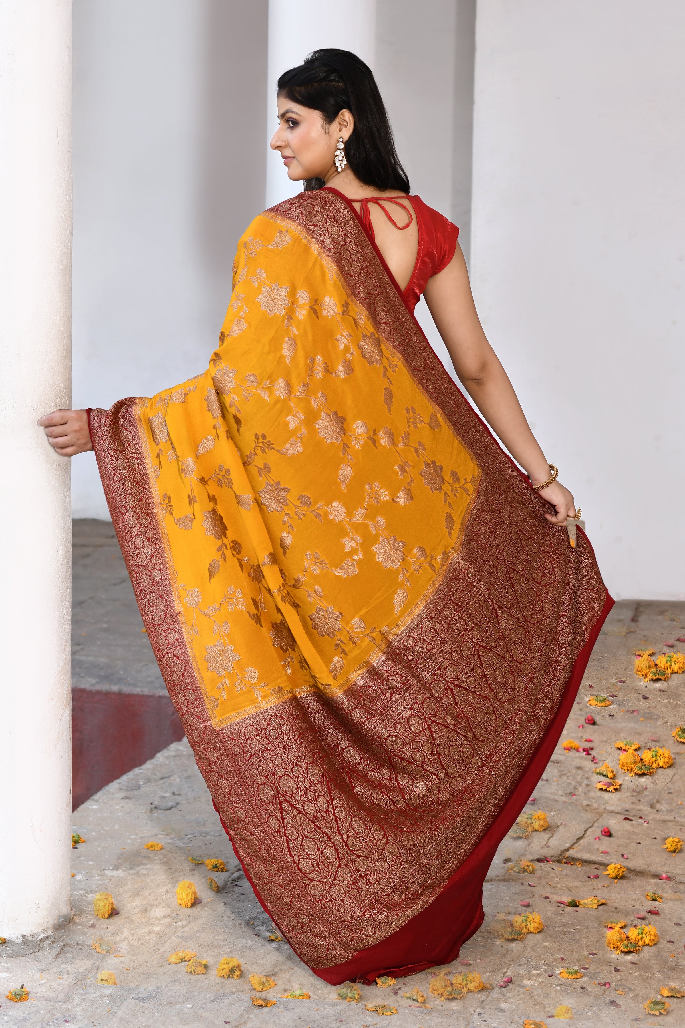 Yellow Banarasi Crape Chiffon Silk Saree