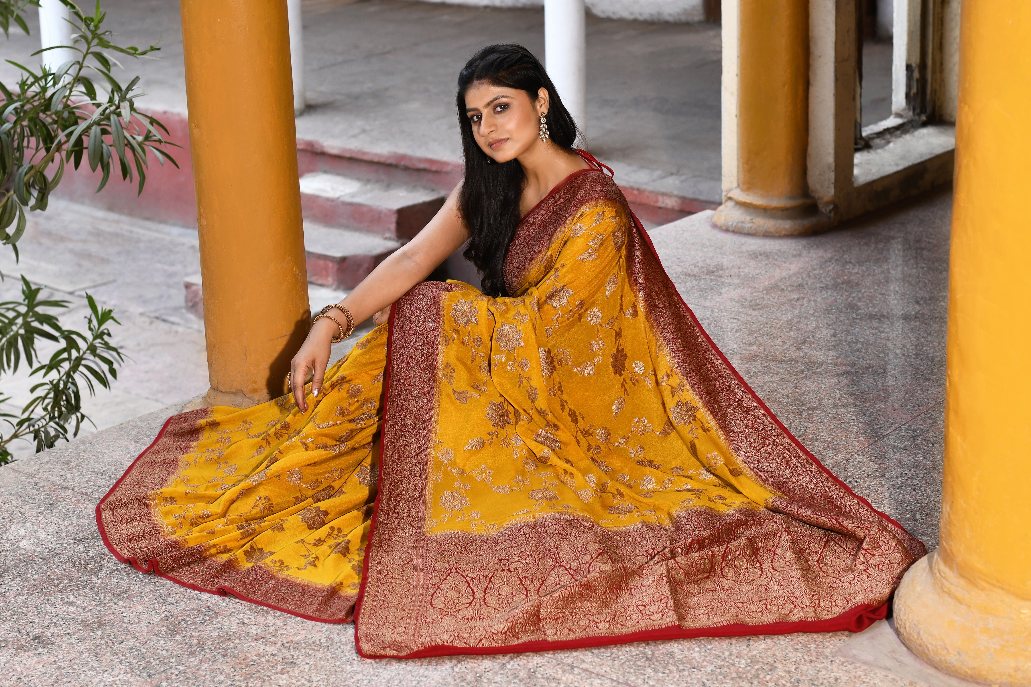 Yellow Banarasi Crape Chiffon Silk Saree