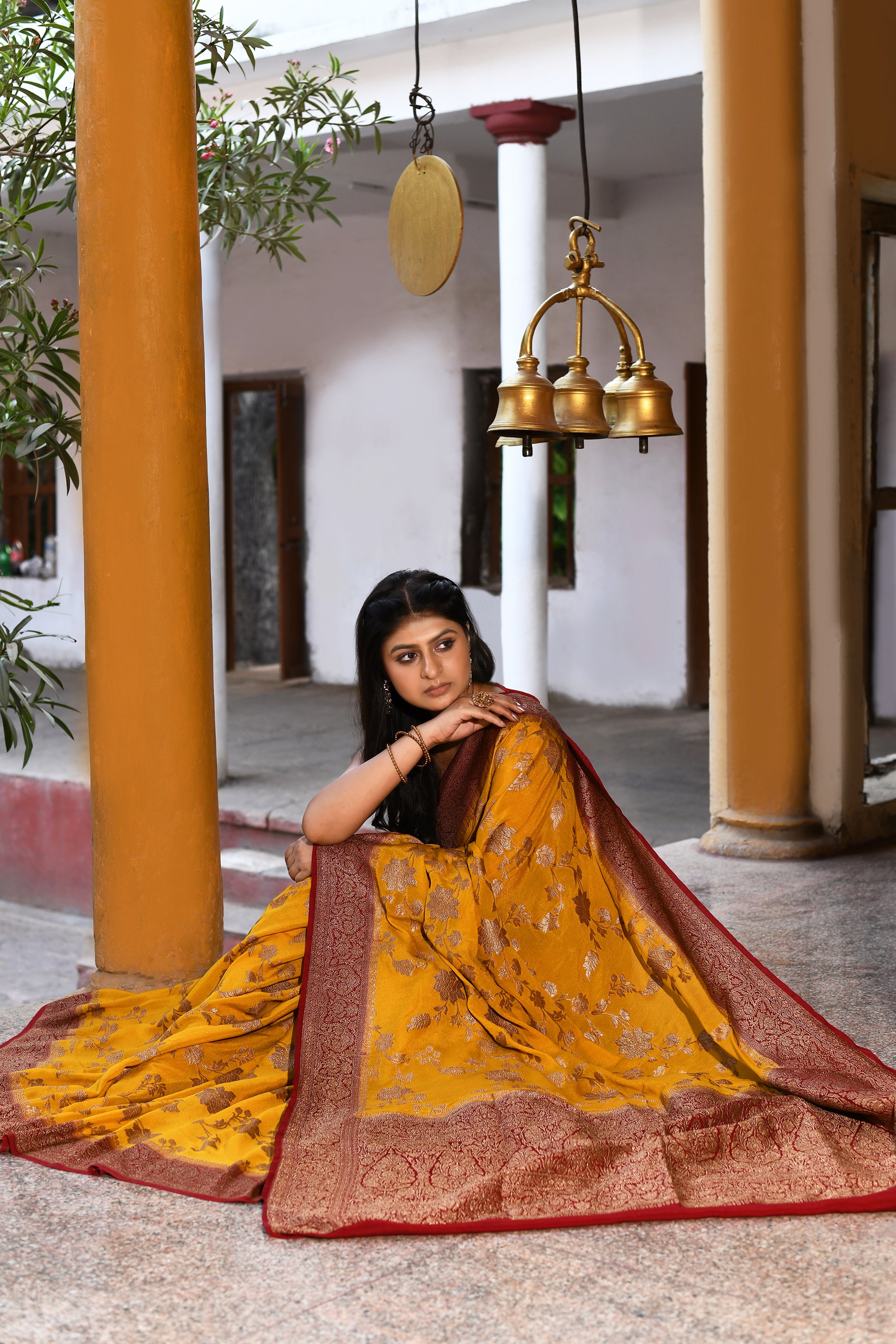 Yellow Banarasi Crape Chiffon Silk Saree