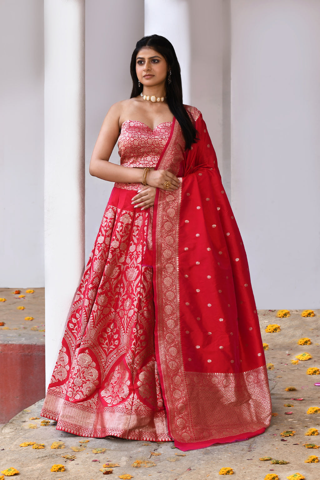 Fuchsia Red Banarasi Soft Silk Handwoven 21-Kalli Lehenga Set