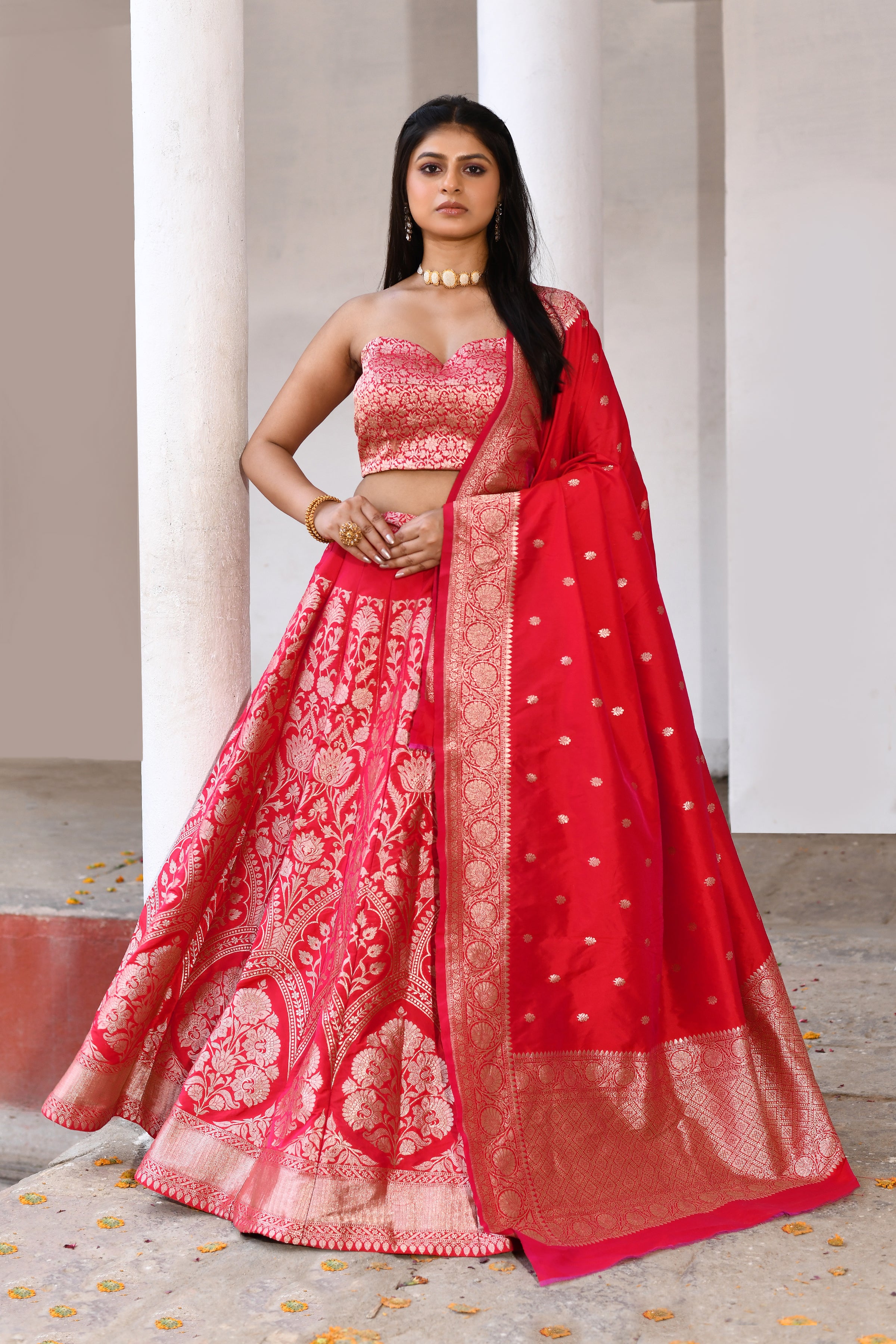 Fuchsia Red Banarasi Soft Silk Handwoven 21-Kalli Lehenga Set