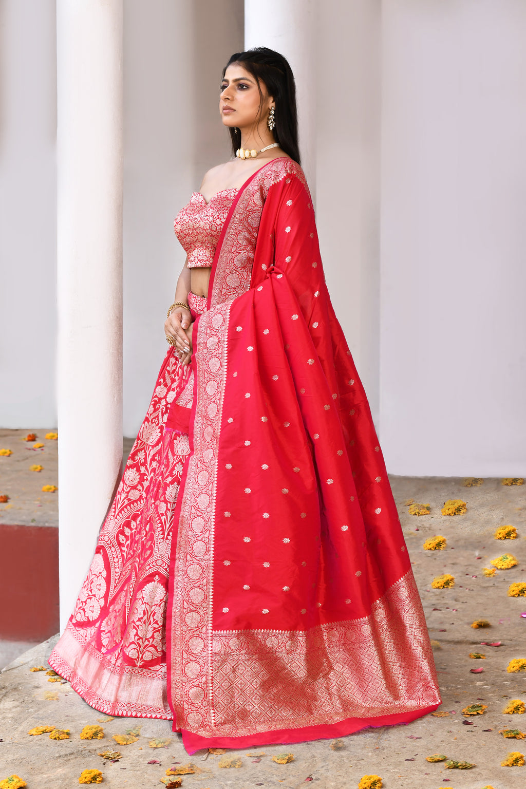 Fuchsia Red Banarasi Soft Silk Handwoven 21-Kalli Lehenga Set
