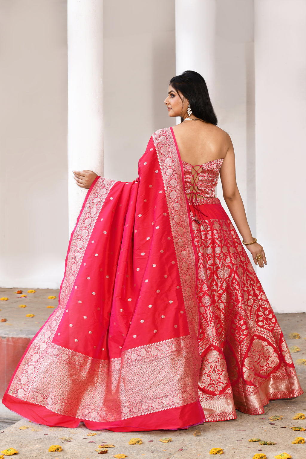 Fuchsia Red Banarasi Soft Silk Handwoven 21-Kalli Lehenga Set