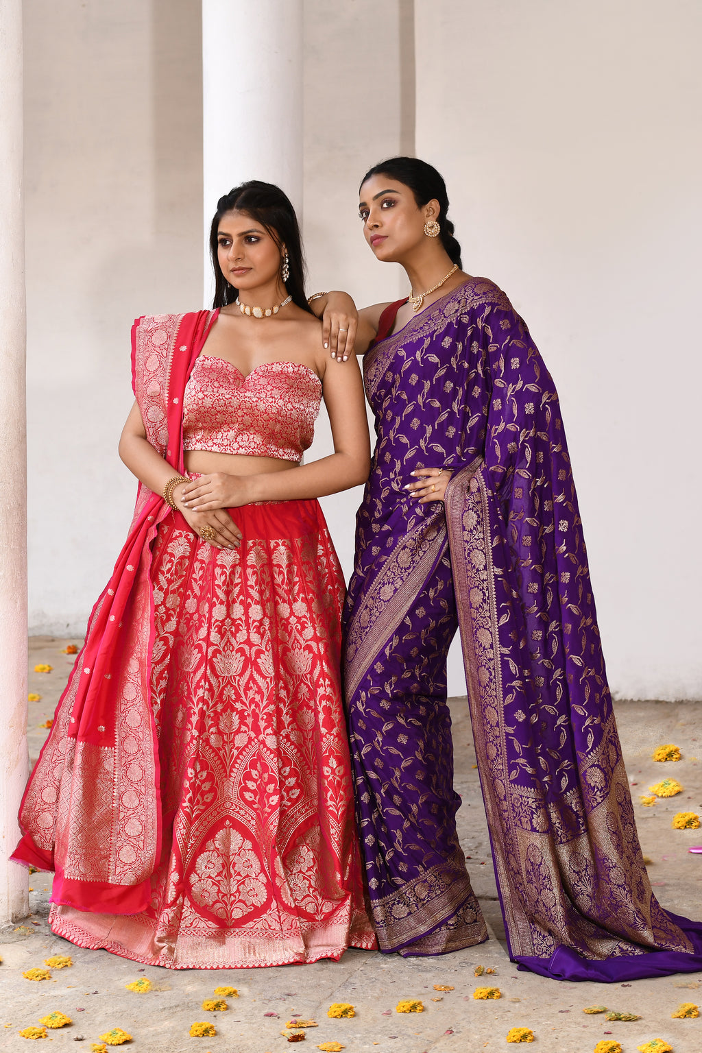 Fuchsia Red Banarasi Soft Silk Handwoven 21-Kalli Lehenga Set