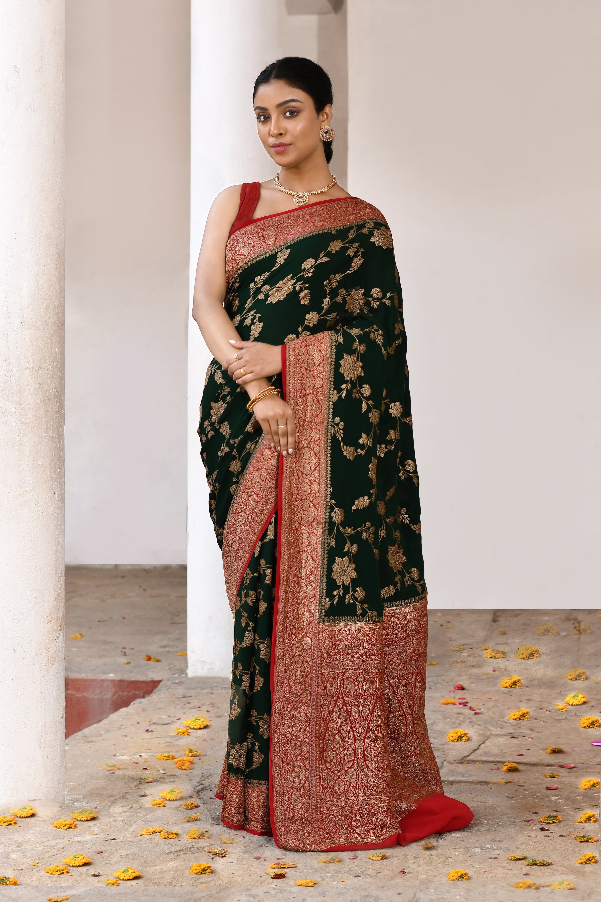 Emerald Green Banarasi Crape Chiffon Silk Saree