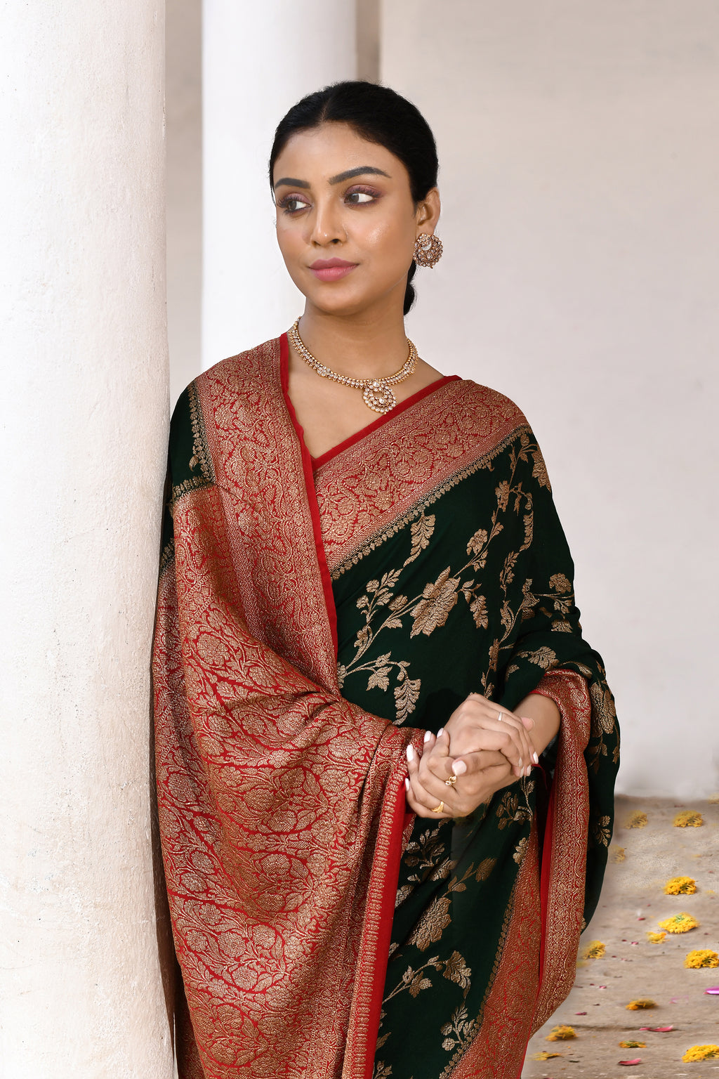 Emerald Green Banarasi Crape Chiffon Silk Saree