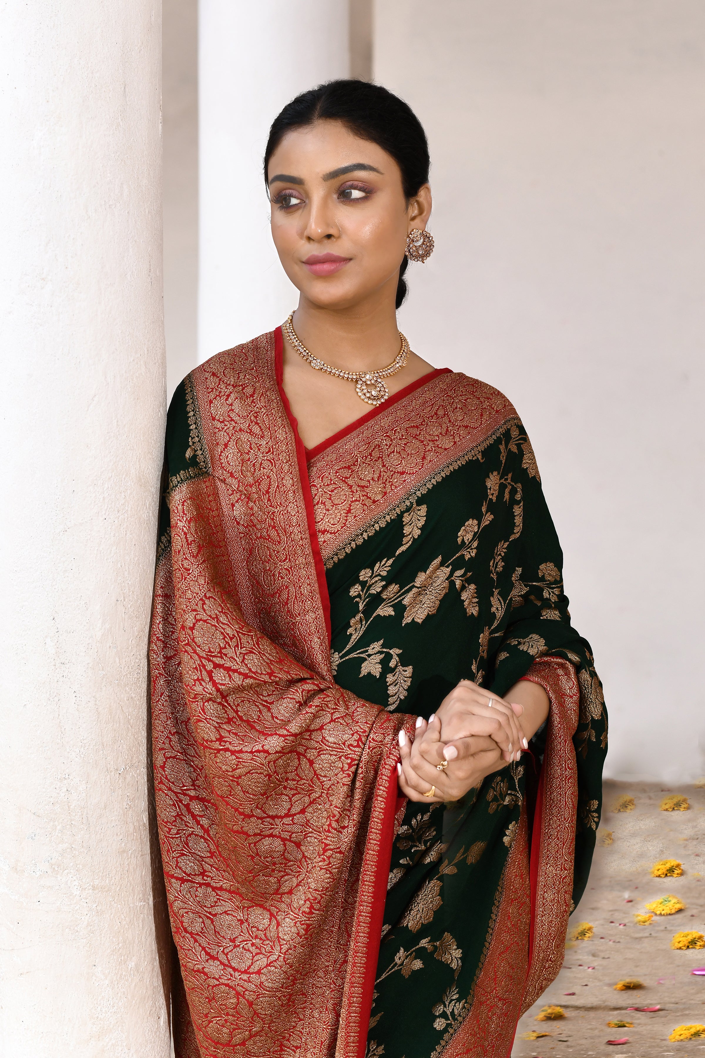 Emerald Green Banarasi Crape Chiffon Silk Saree