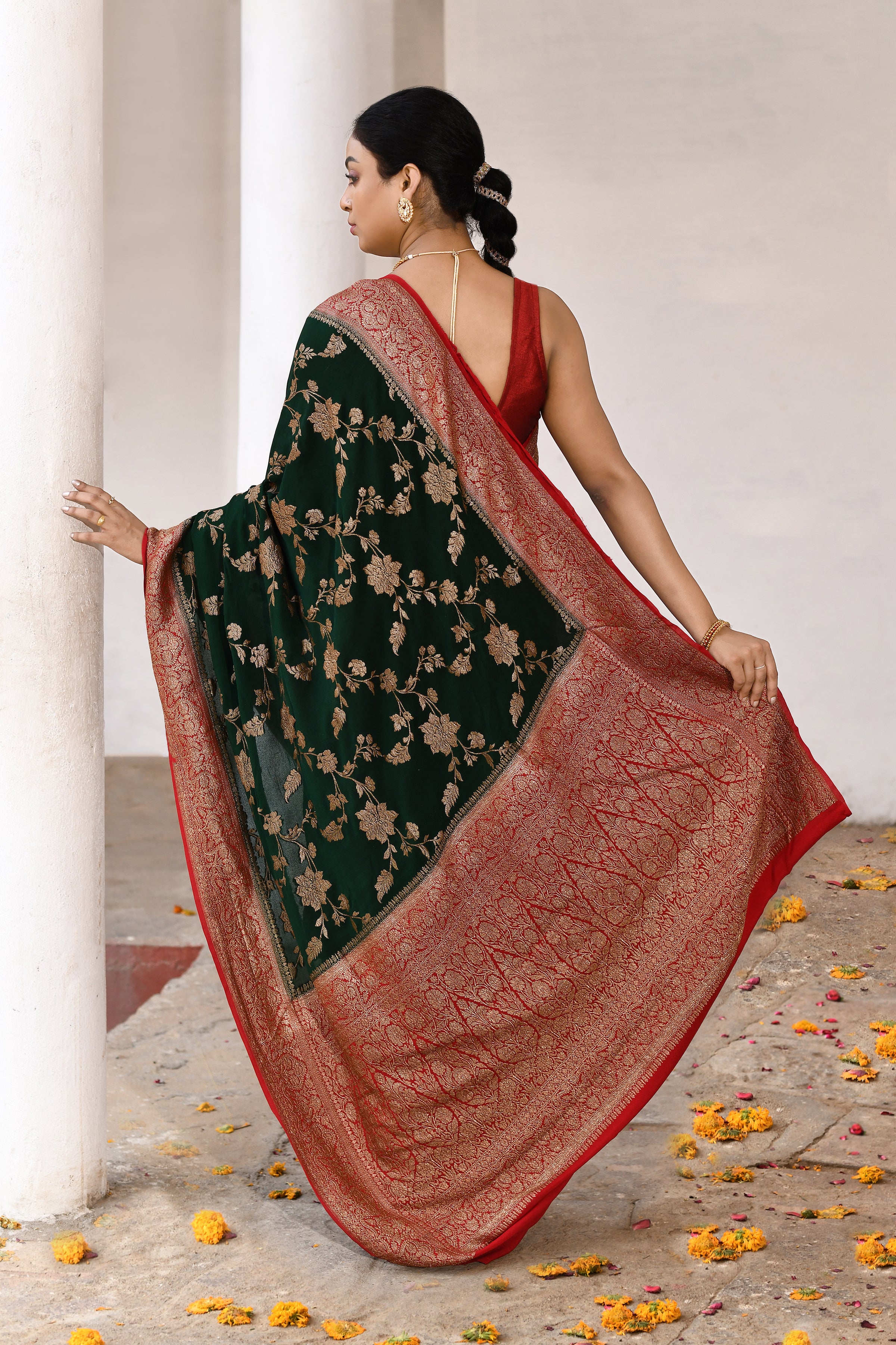 Emerald Green Banarasi Crape Chiffon Silk Saree