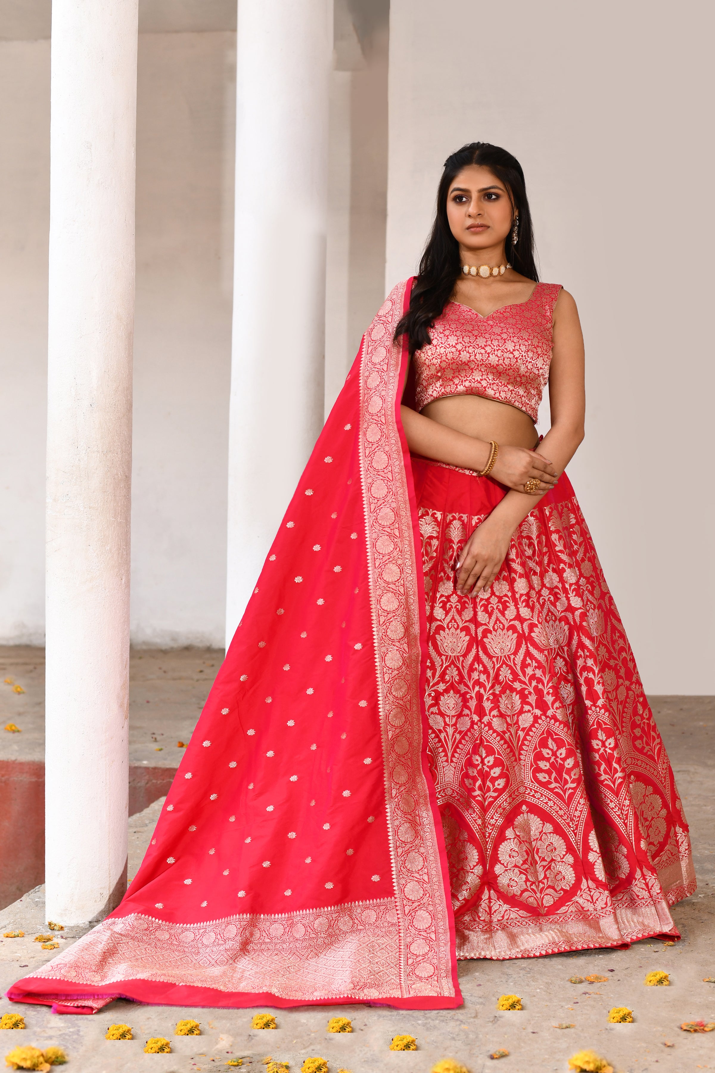 Fuchsia Banarasi Soft Silk Lehenga Set