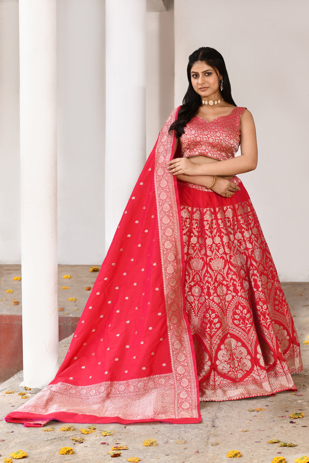 Fuchsia Banarasi Soft Silk Lehenga Set
