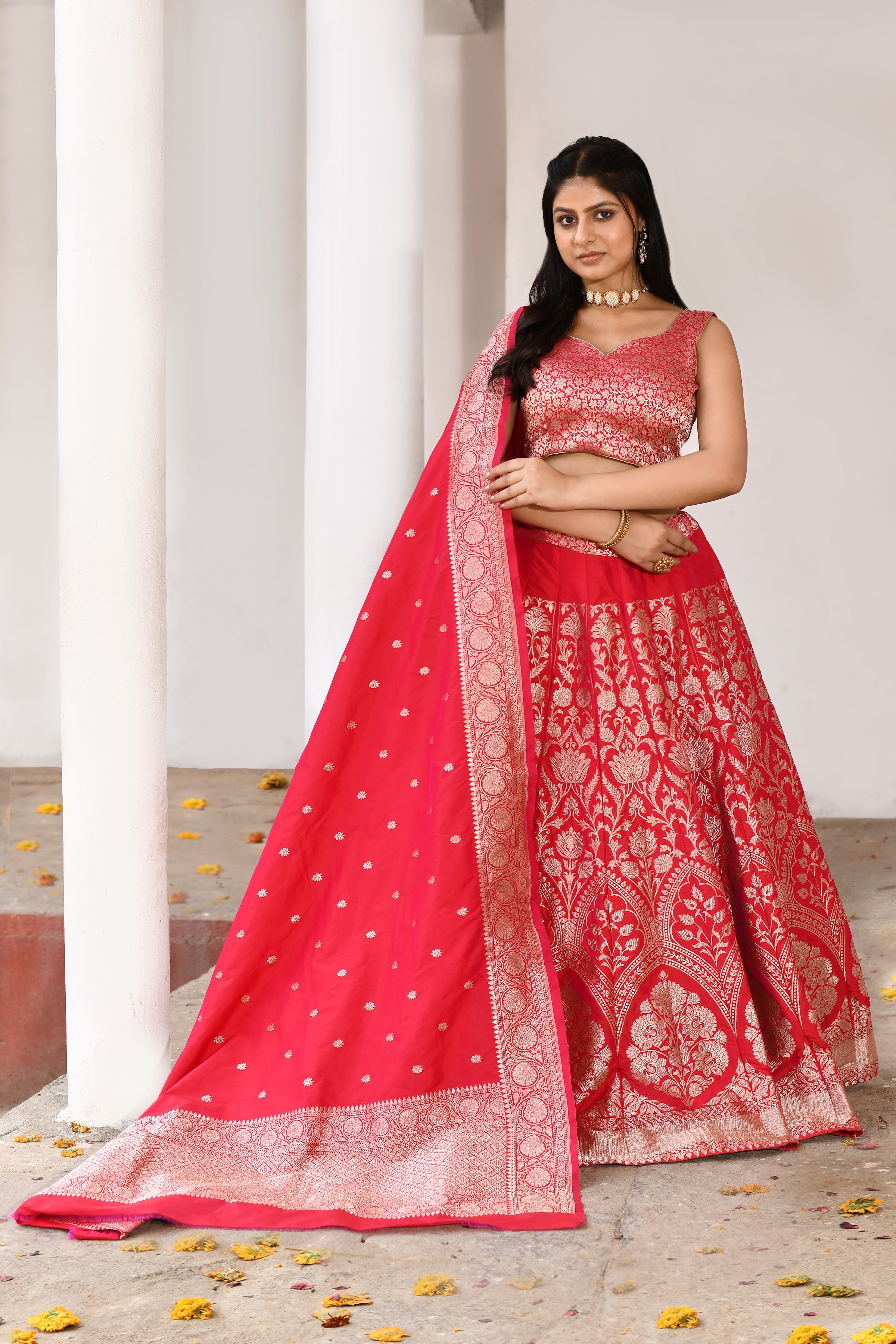 Fuchsia Banarasi Soft Silk Lehenga Set