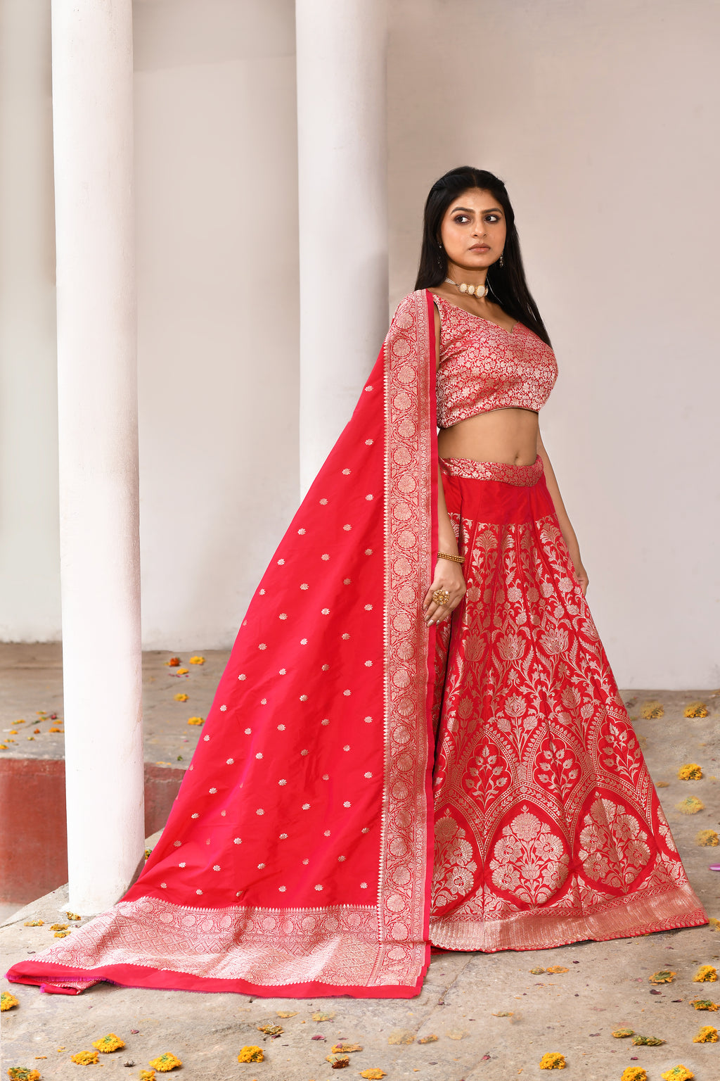 Fuchsia Banarasi Soft Silk Lehenga Set