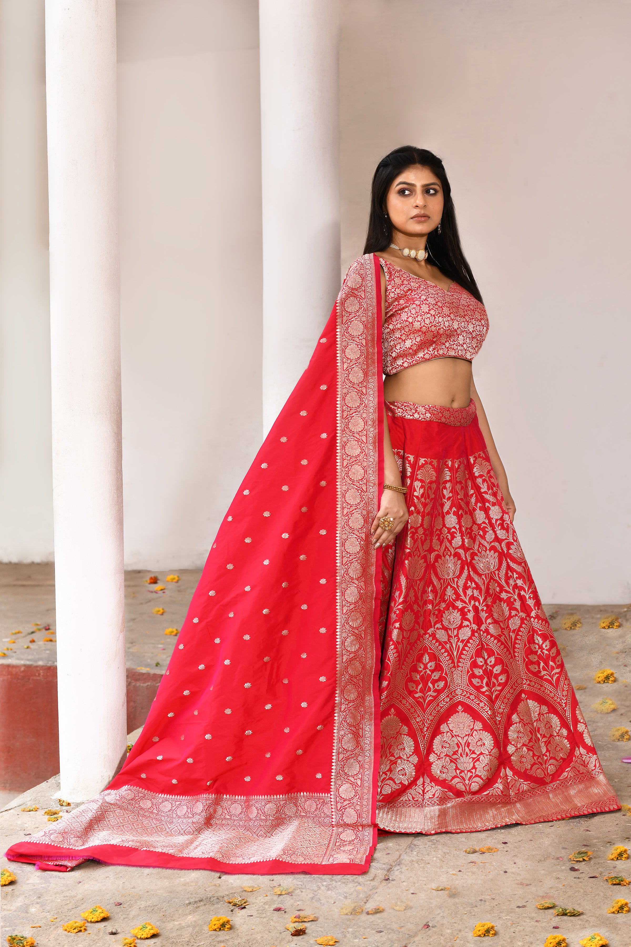 Fuchsia Banarasi Soft Silk Lehenga Set