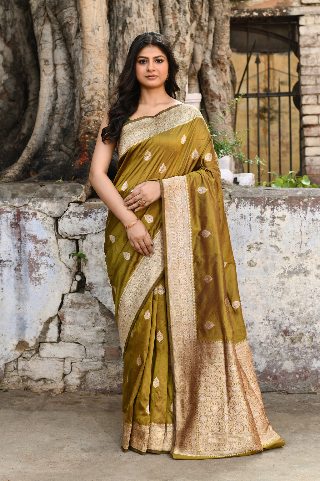 Handwoven Olive Green Banarasi Katan Silk Saree