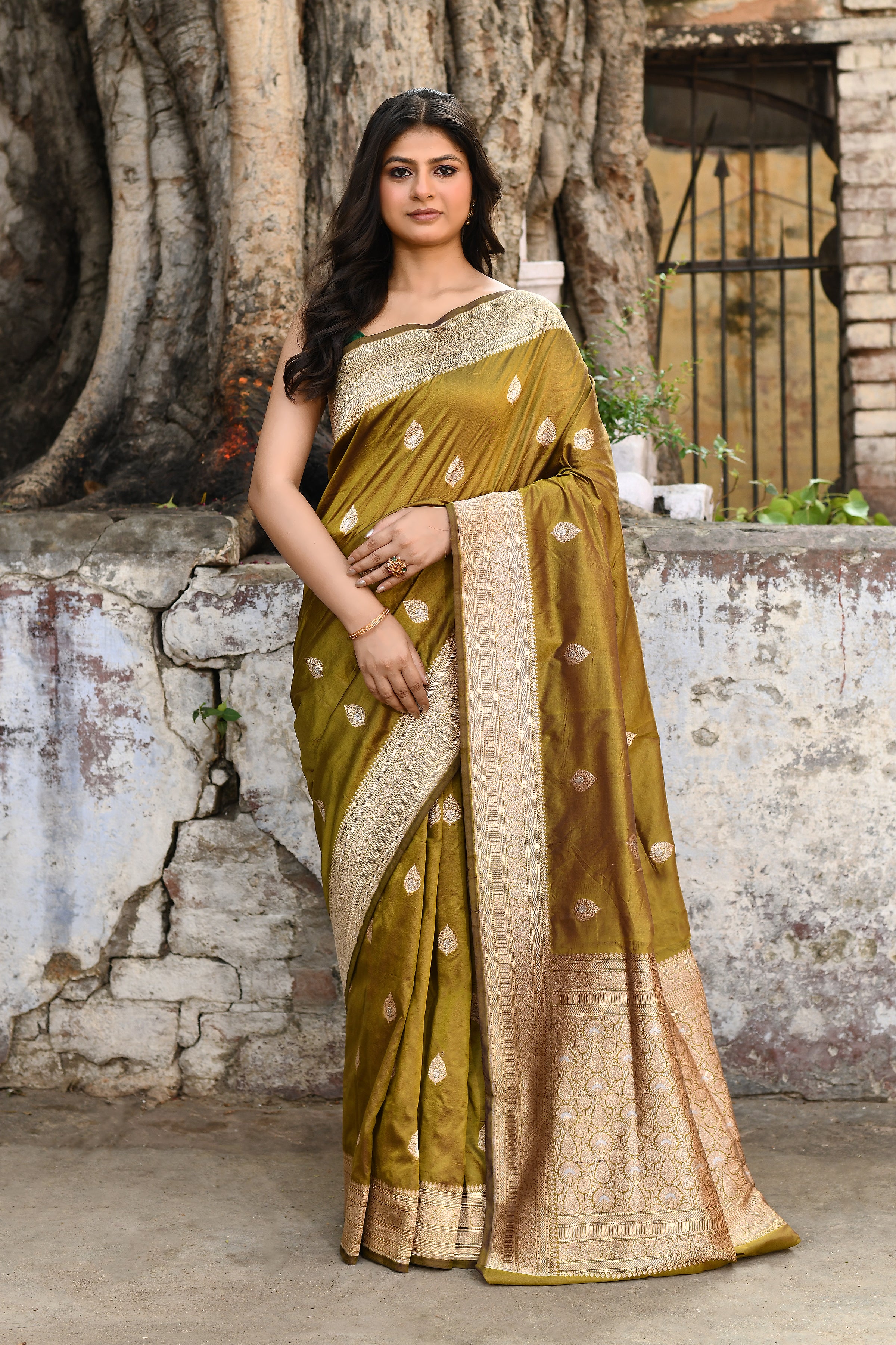 Handwoven Olive Green Banarasi Katan Silk Saree