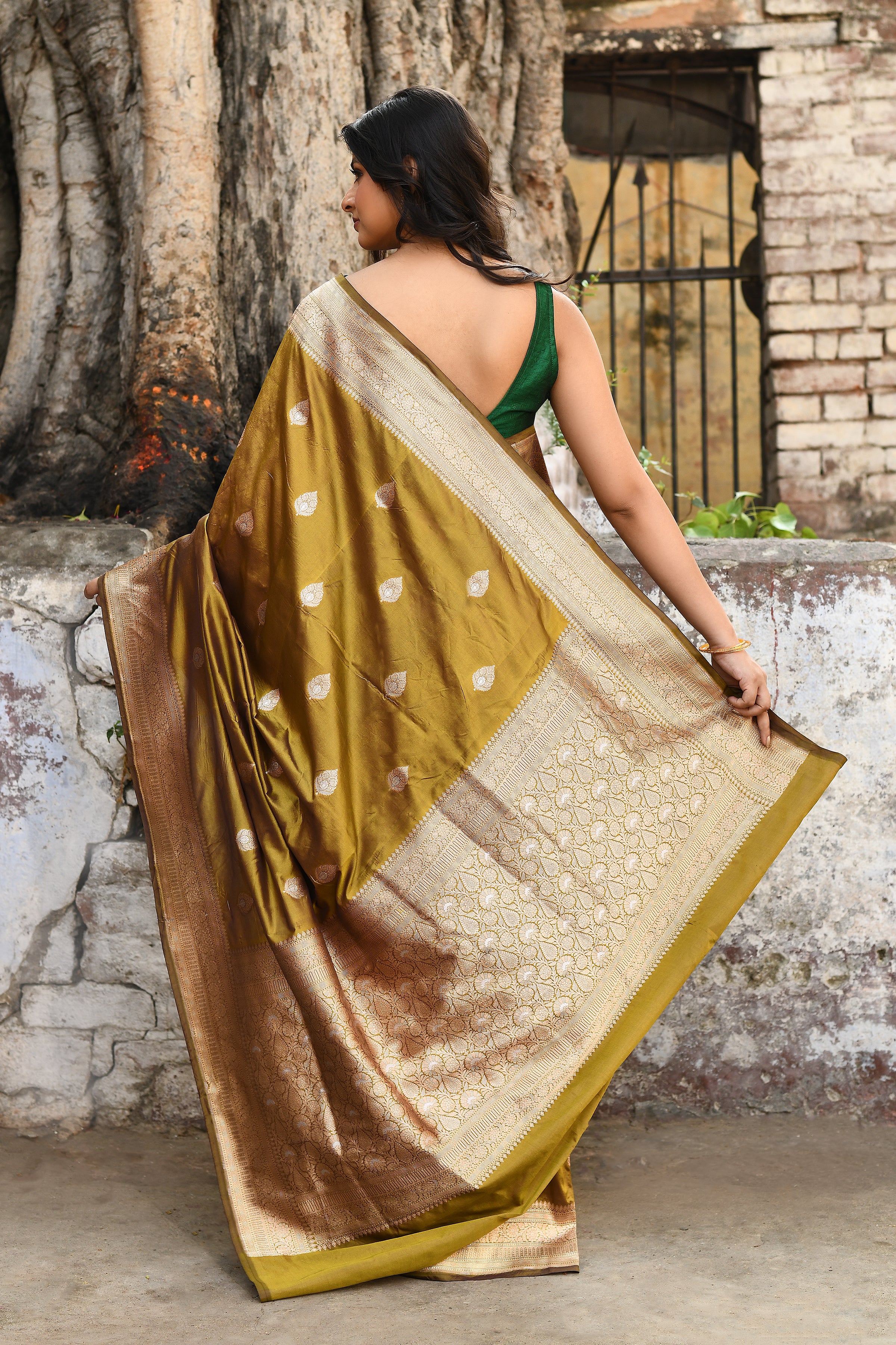 Handwoven Olive Green Banarasi Katan Silk Saree