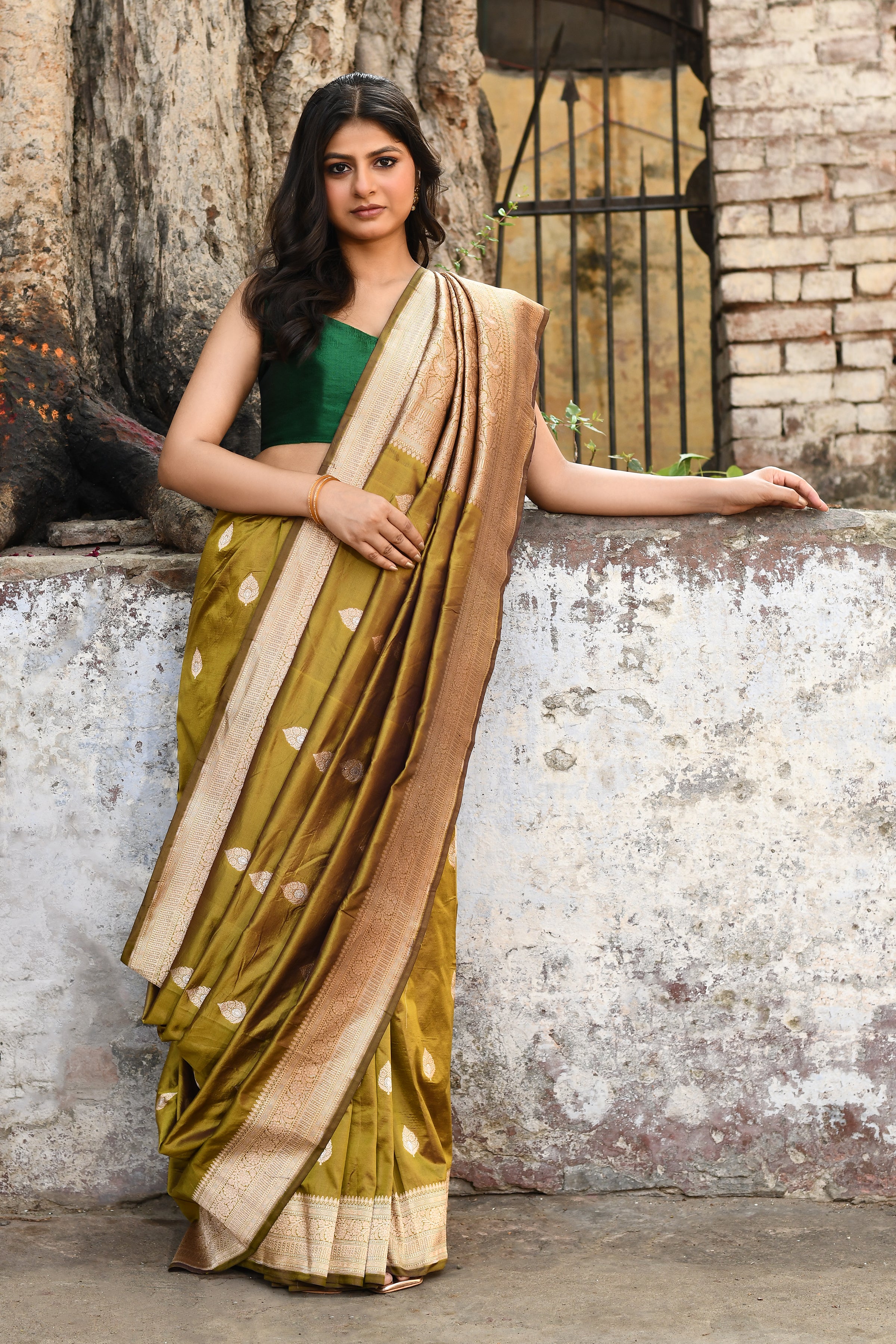 Handwoven Olive Green Banarasi Katan Silk Saree