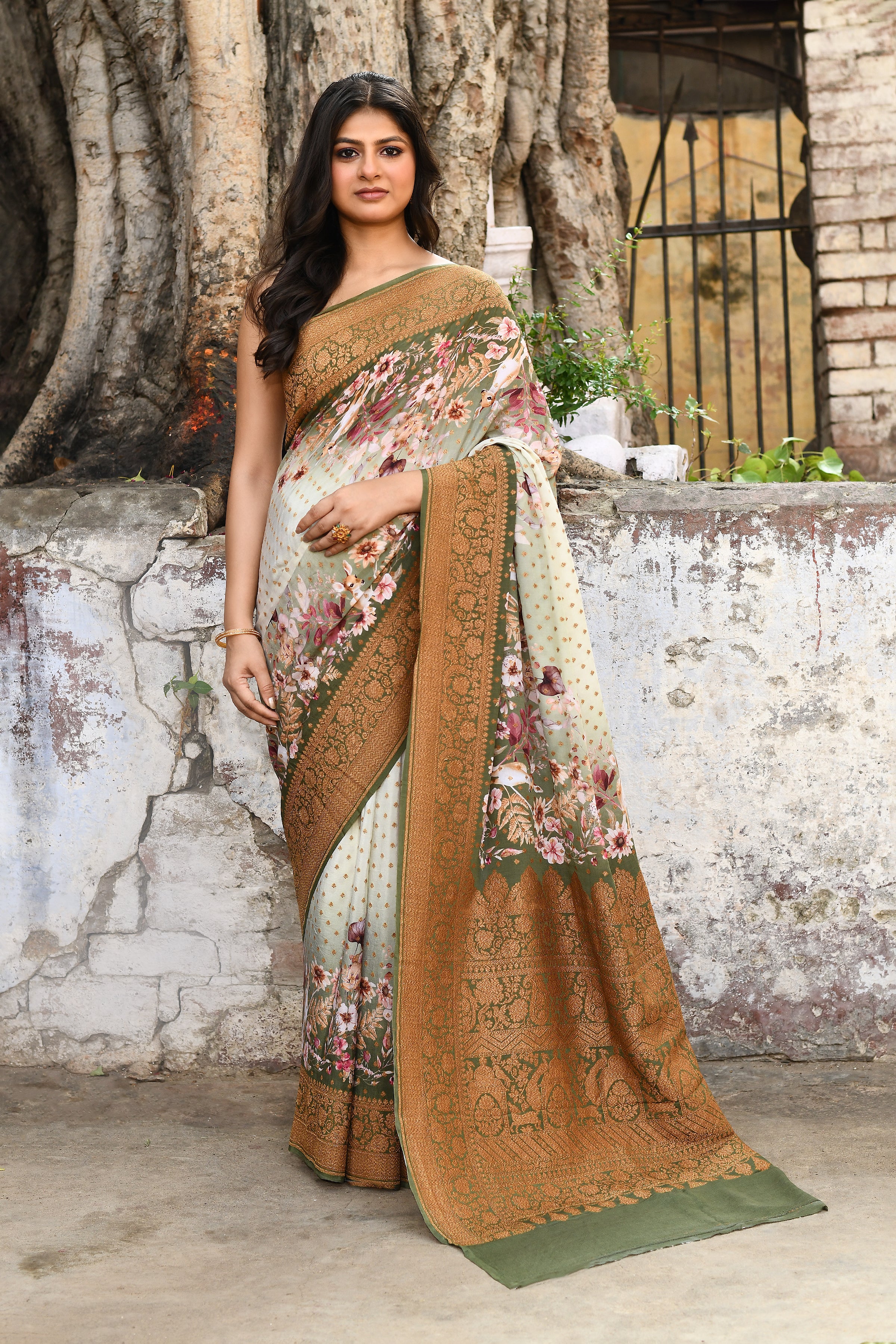 Handwoven Banarasi Printed Chiffon Silk Saree