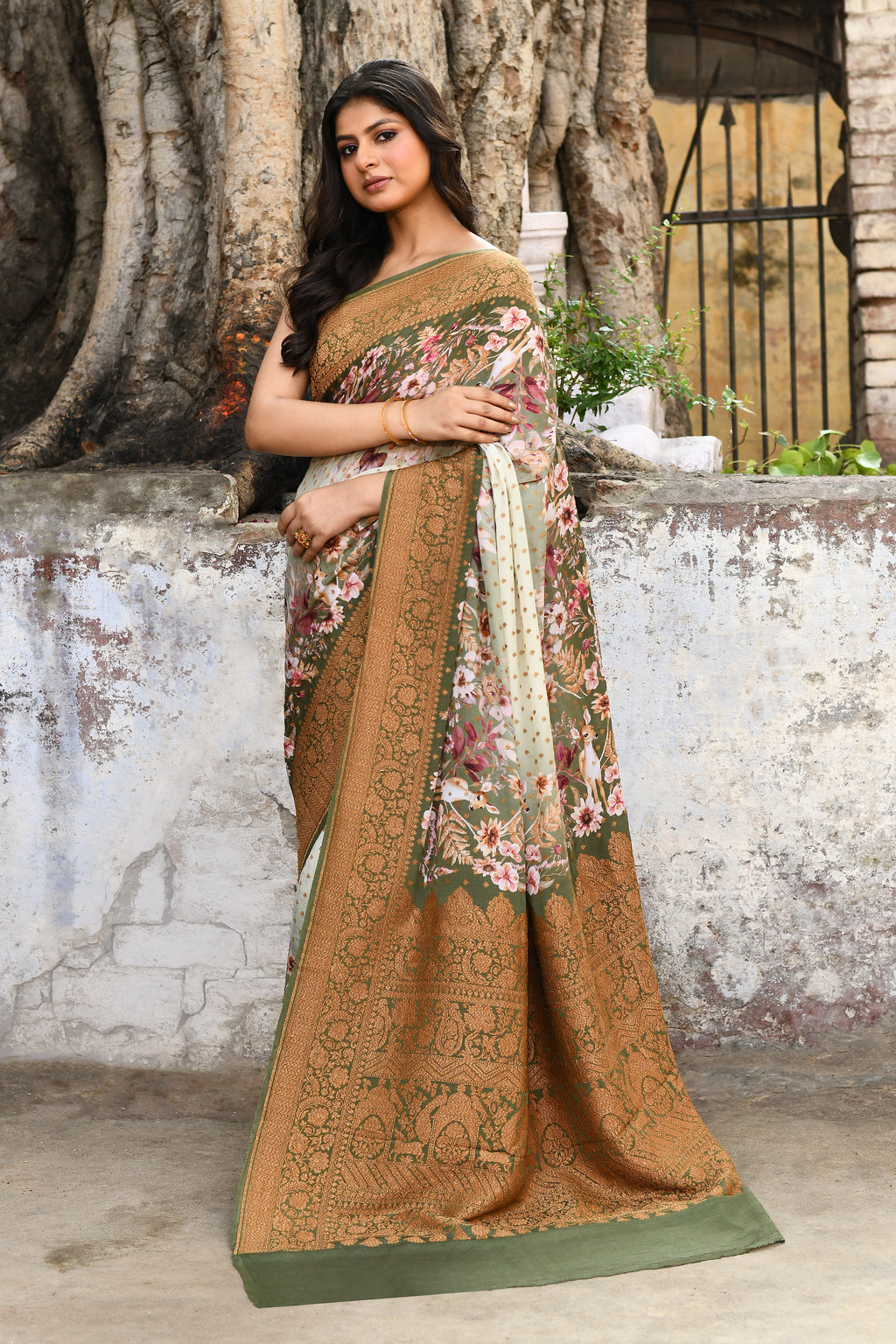 Handwoven Banarasi Printed Chiffon Silk Saree