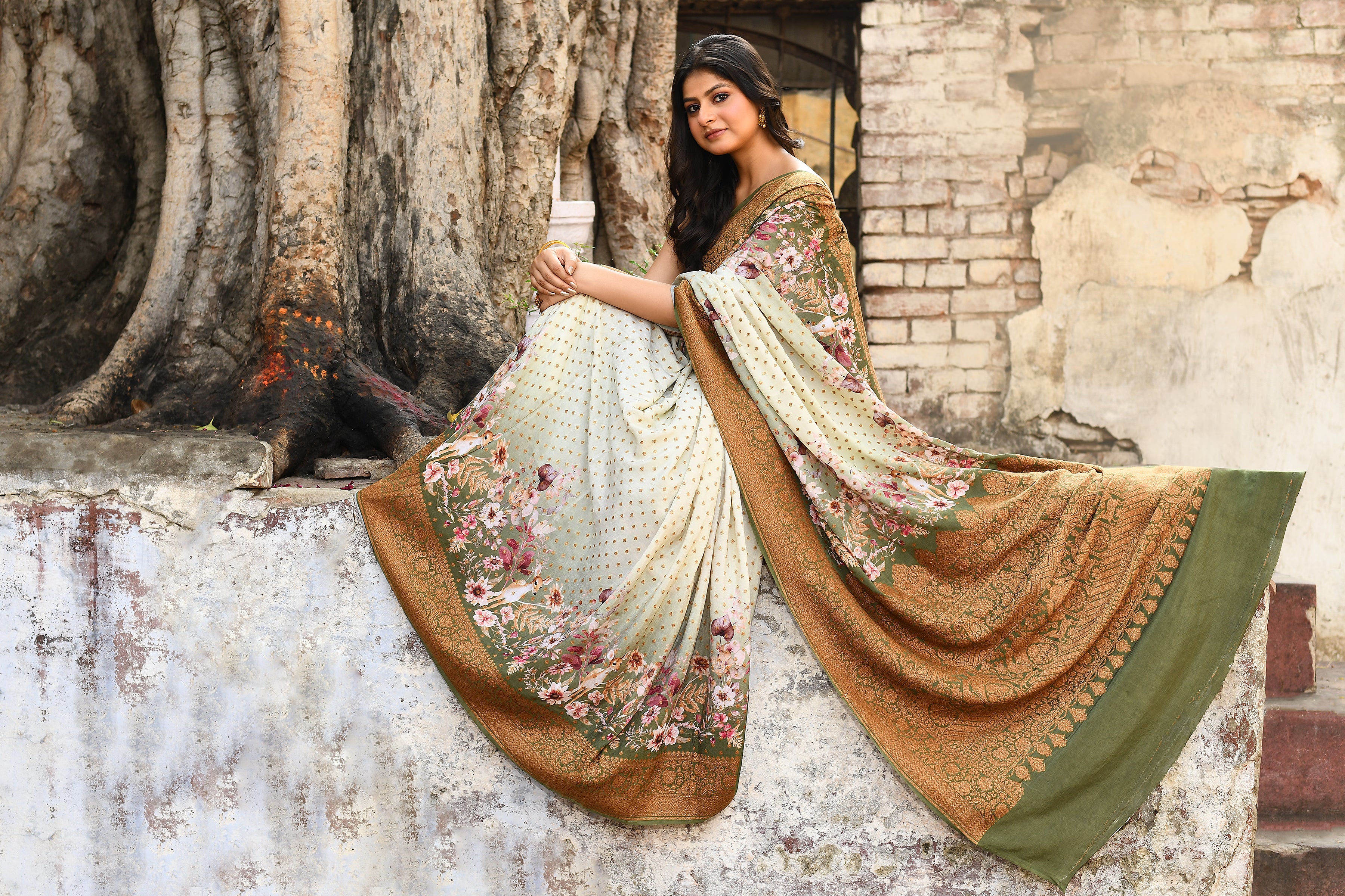 Handwoven Banarasi Printed Chiffon Silk Saree