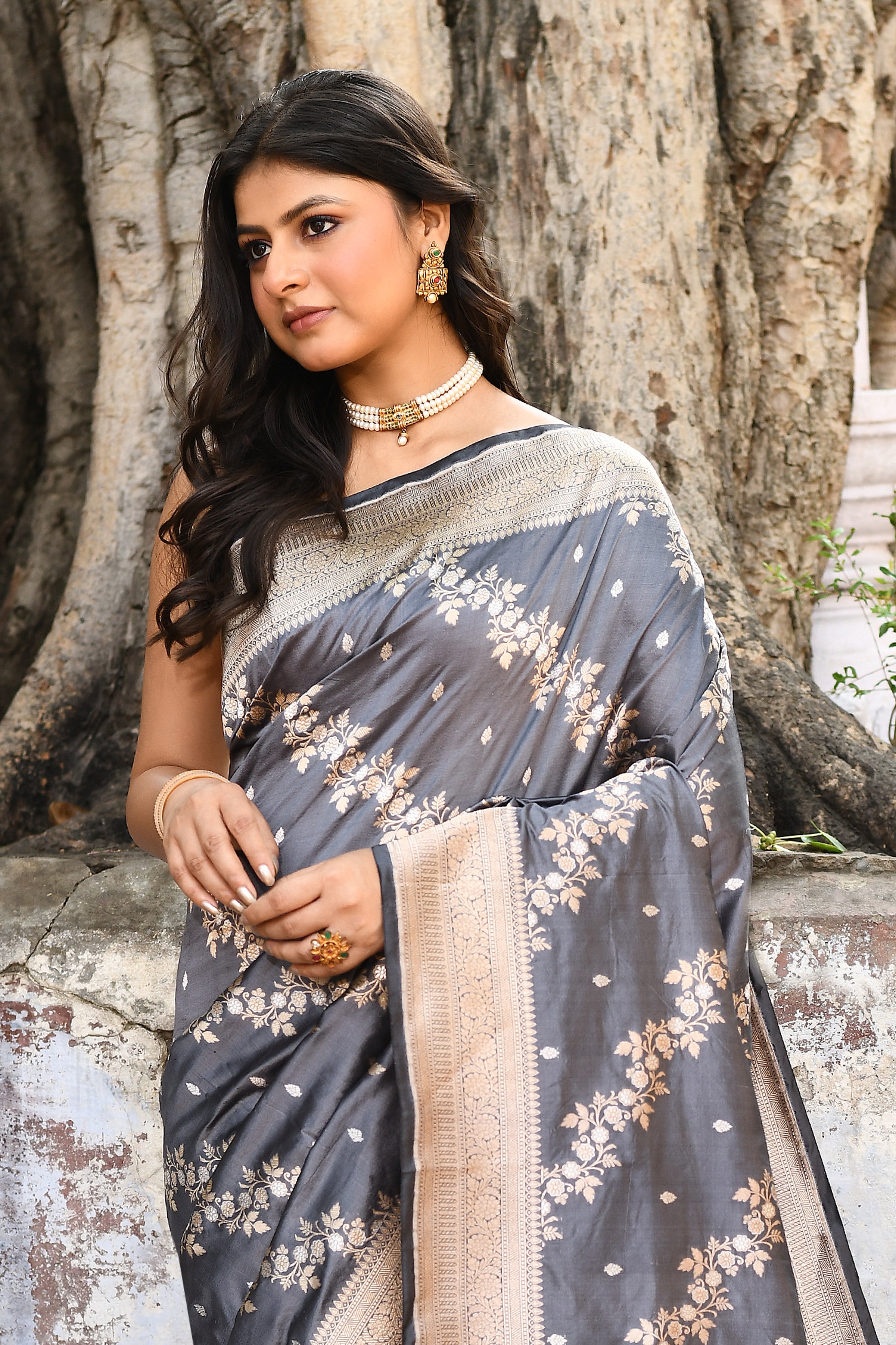 Handwoven Silver Grey Banarasi Soft Silk Saree
