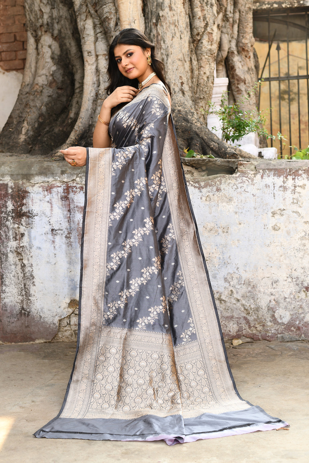 Handwoven Silver Grey Banarasi Soft Silk Saree