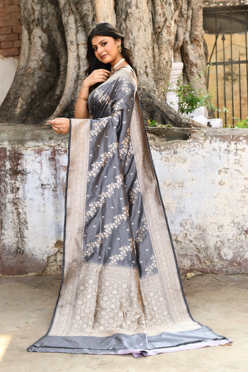 Handwoven Silver Grey Banarasi Soft Silk Saree
