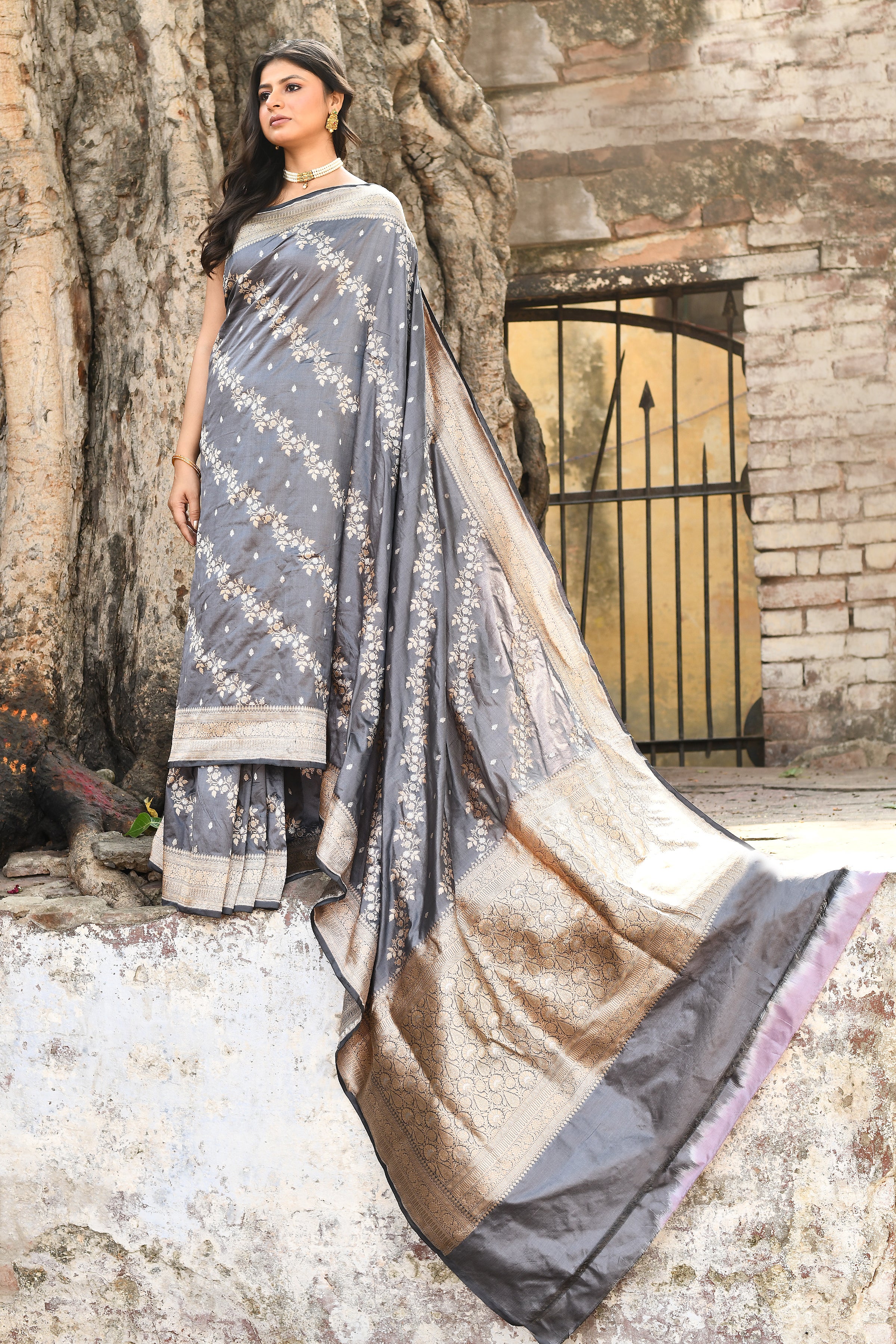 Handwoven Silver Grey Banarasi Soft Silk Saree