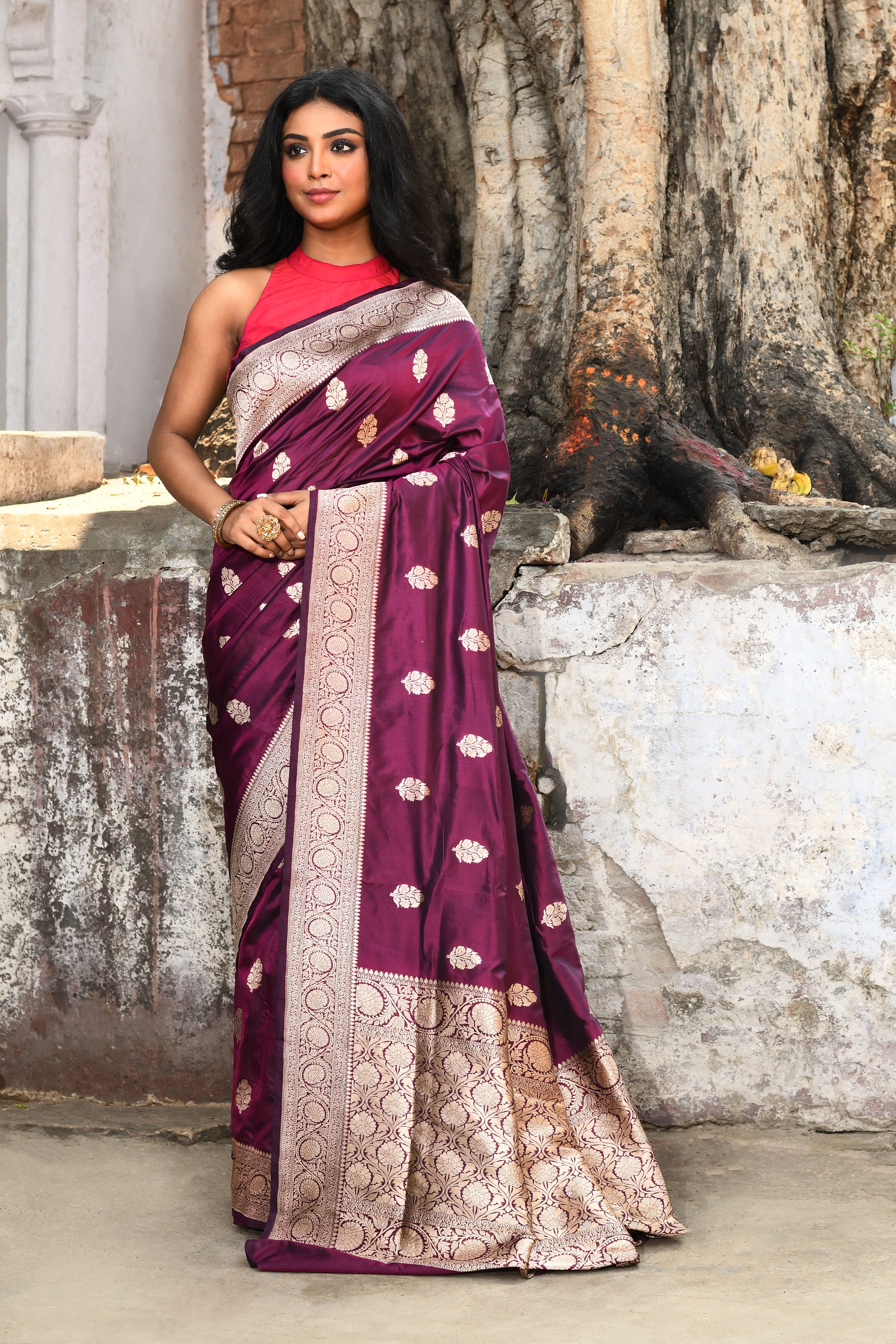 Handwoven Plum Banarasi Katan Silk Saree