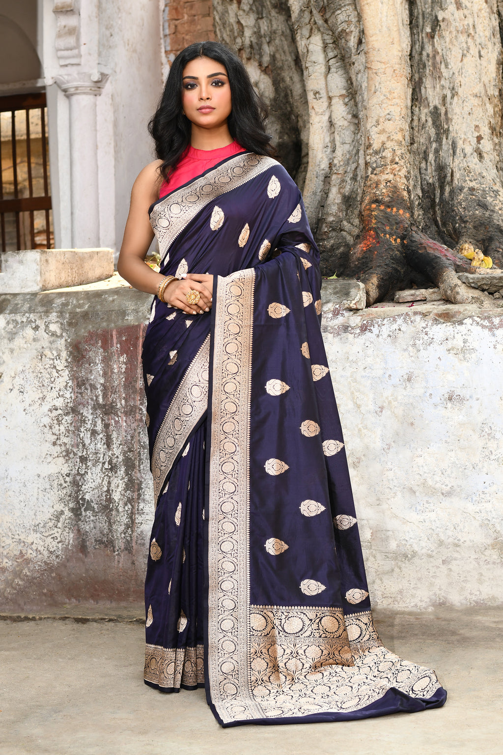 Handwoven Navy Blue Banarasi Katan Silk Saree