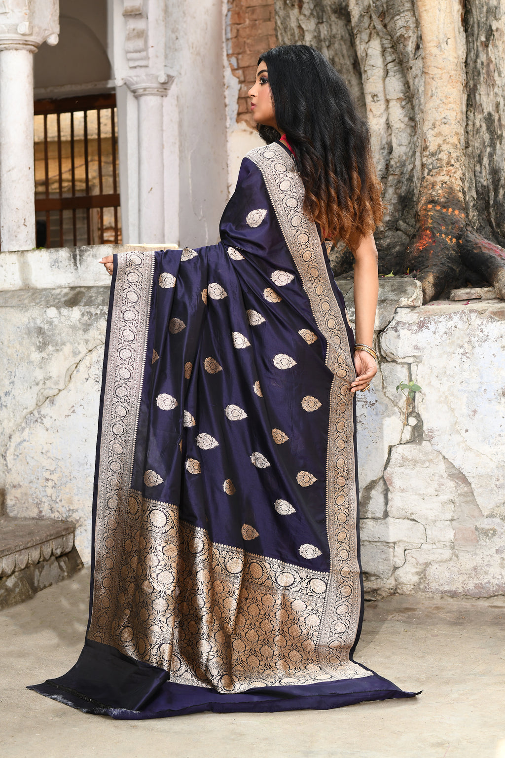 Handwoven Navy Blue Banarasi Katan Silk Saree