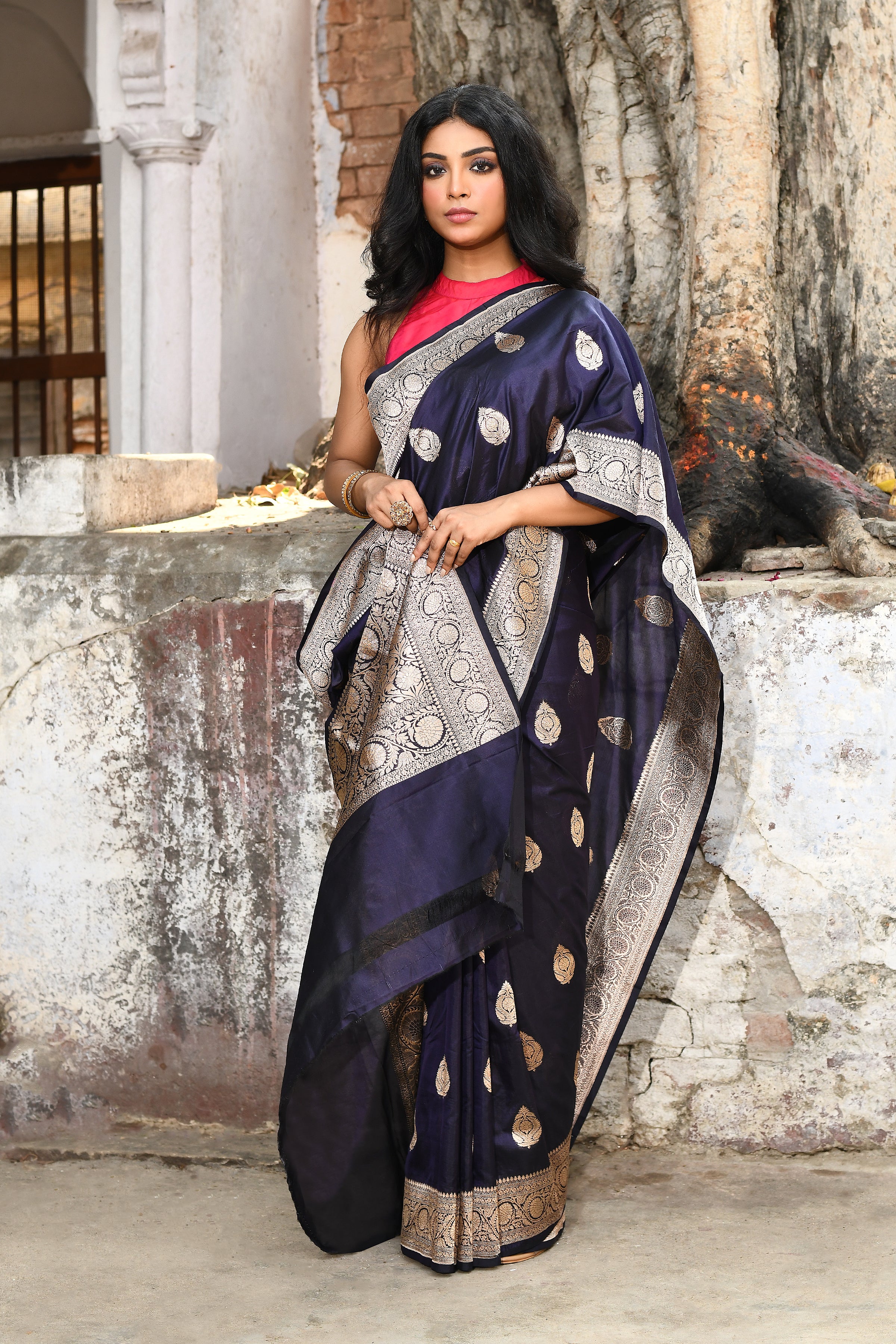 Handwoven Navy Blue Banarasi Katan Silk Saree