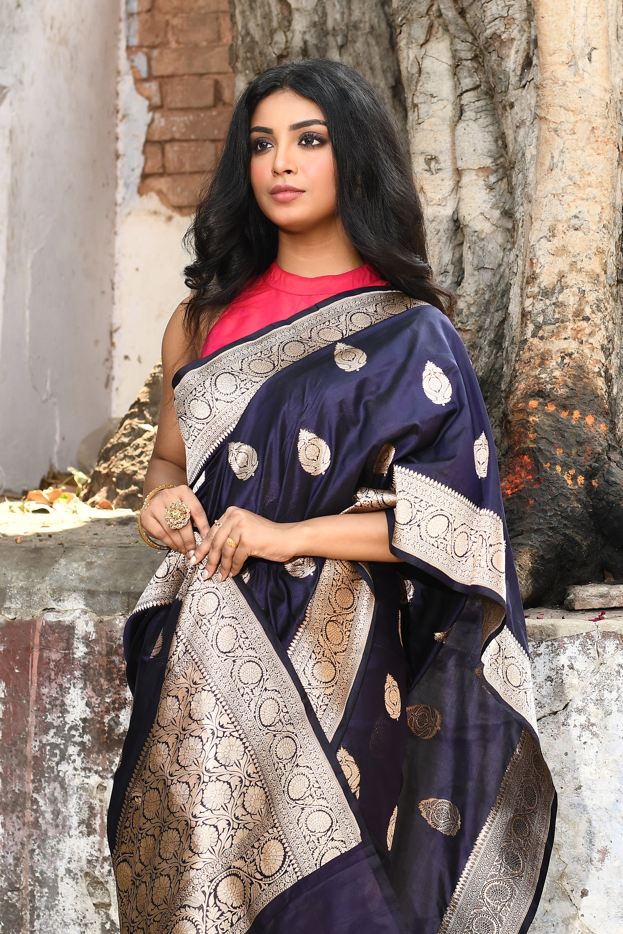 Handwoven Navy Blue Banarasi Katan Silk Saree